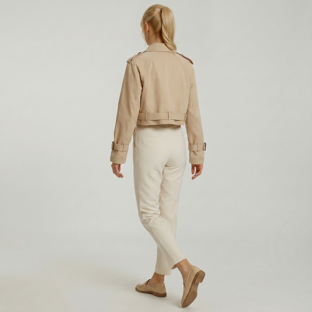 Women’s Cropped Trench Jacket - Belted Short Double-Breasted Coat