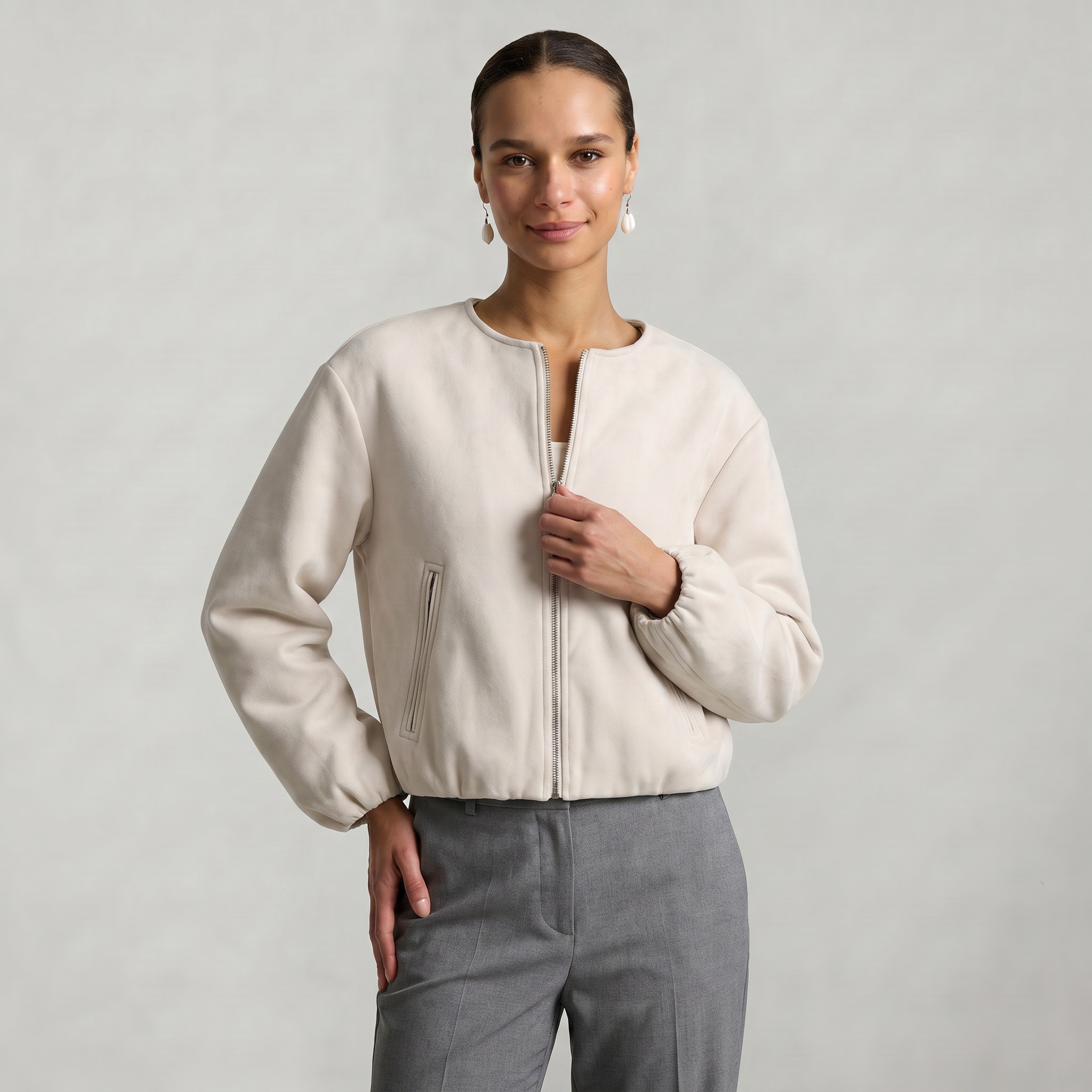 Women’s Cropped Bomber Jacket - Zip Front Soft Fit