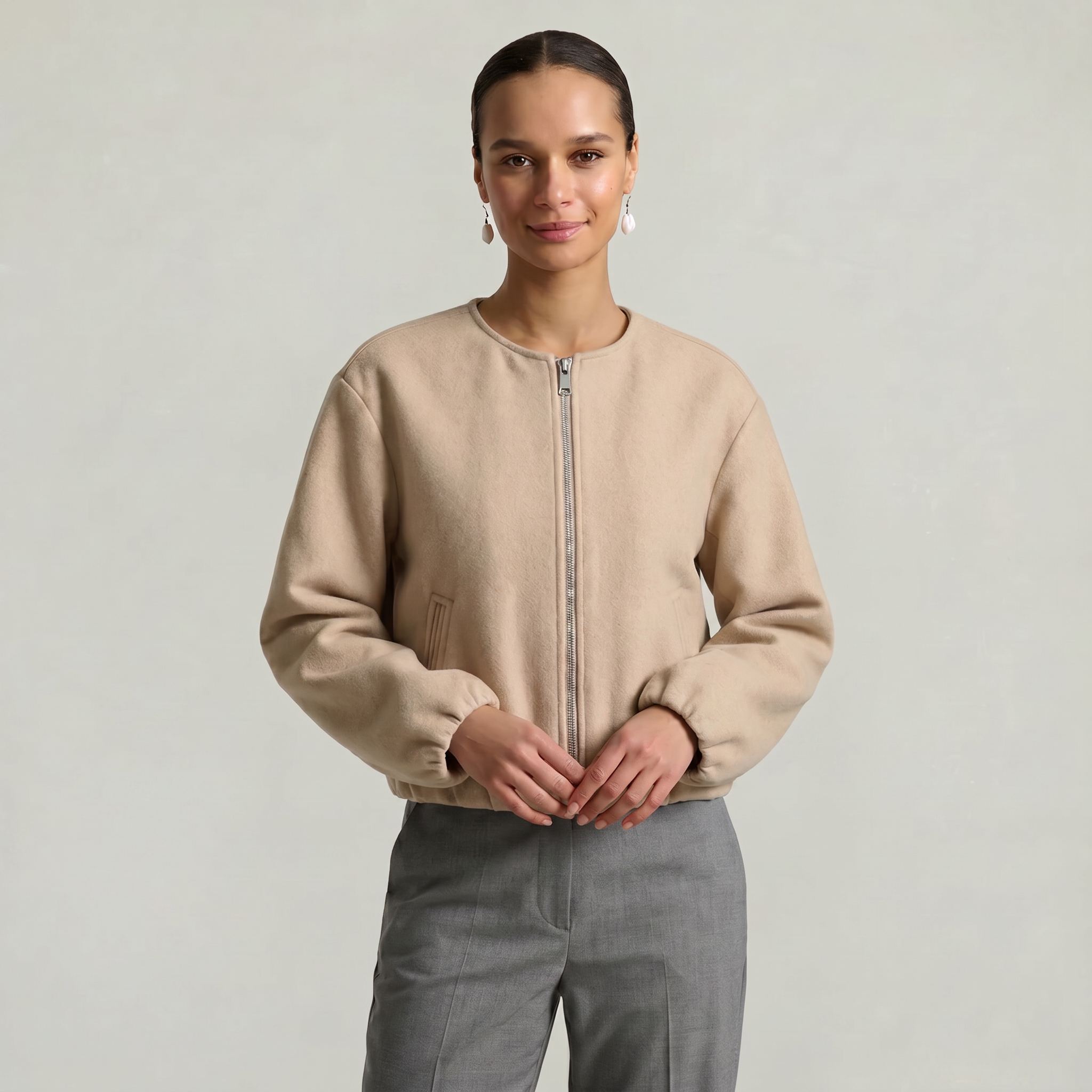 Women’s Cropped Bomber Jacket - Zip Front Soft Fit