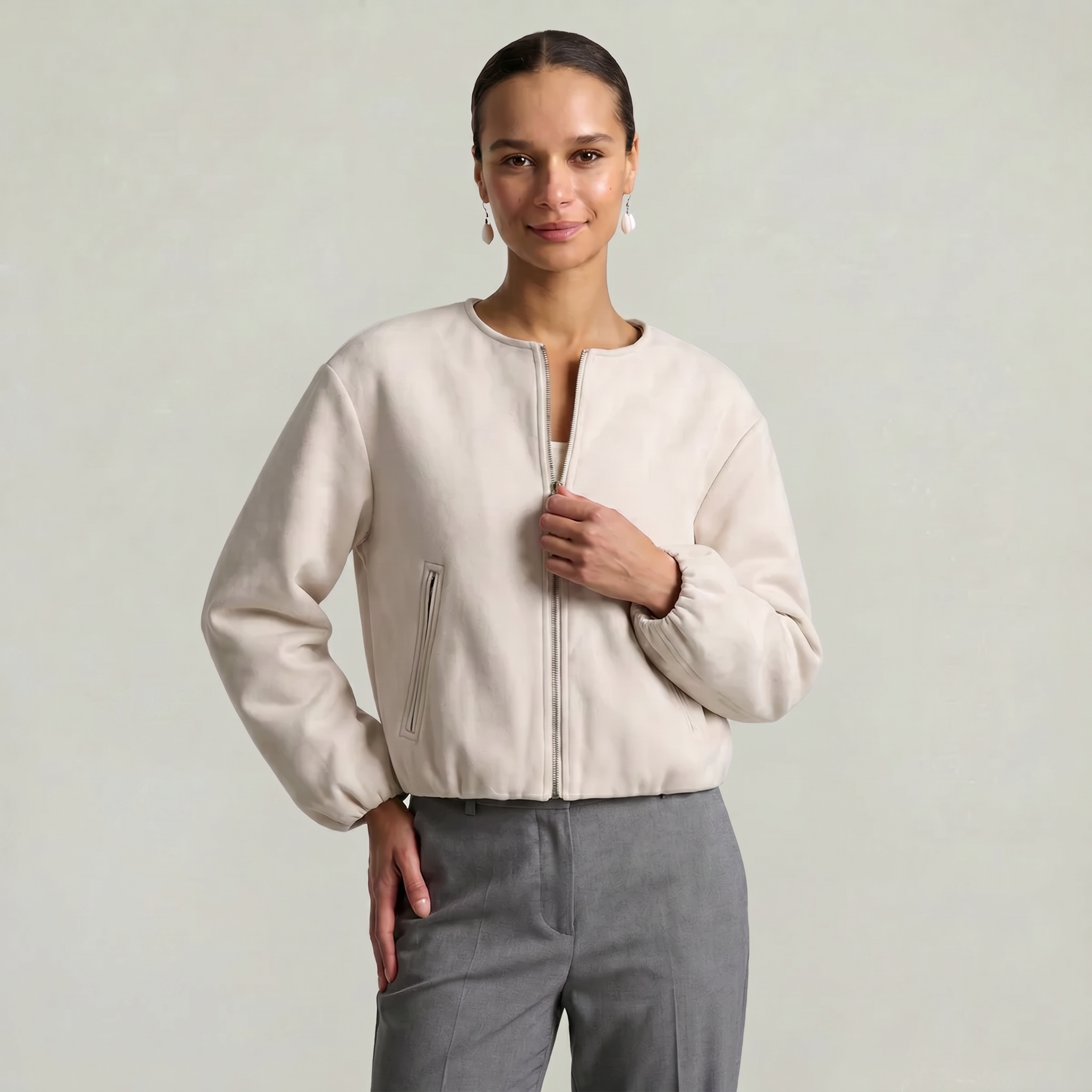 Women’s Cropped Bomber Jacket - Zip Front Soft Fit