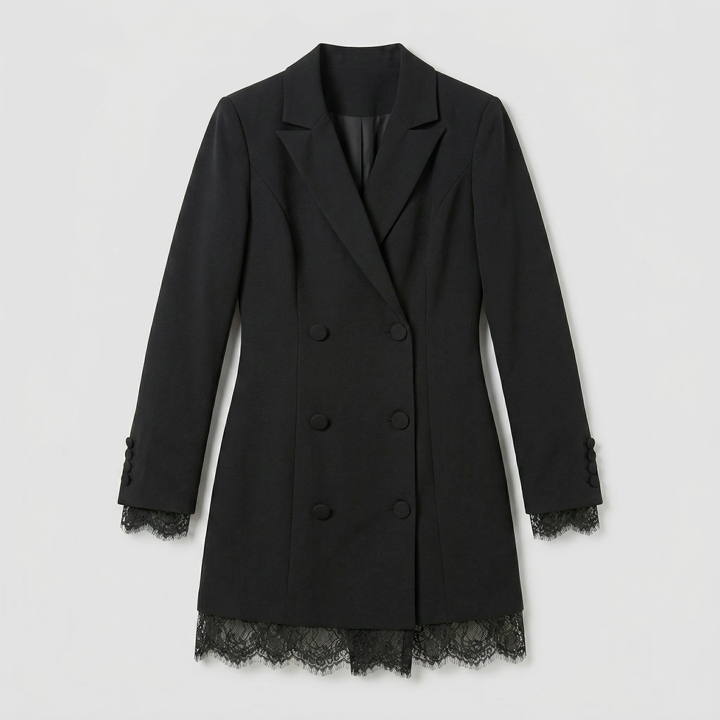 Women’s Blazer Dress - Double-Breasted Lace Hem Slim Fit