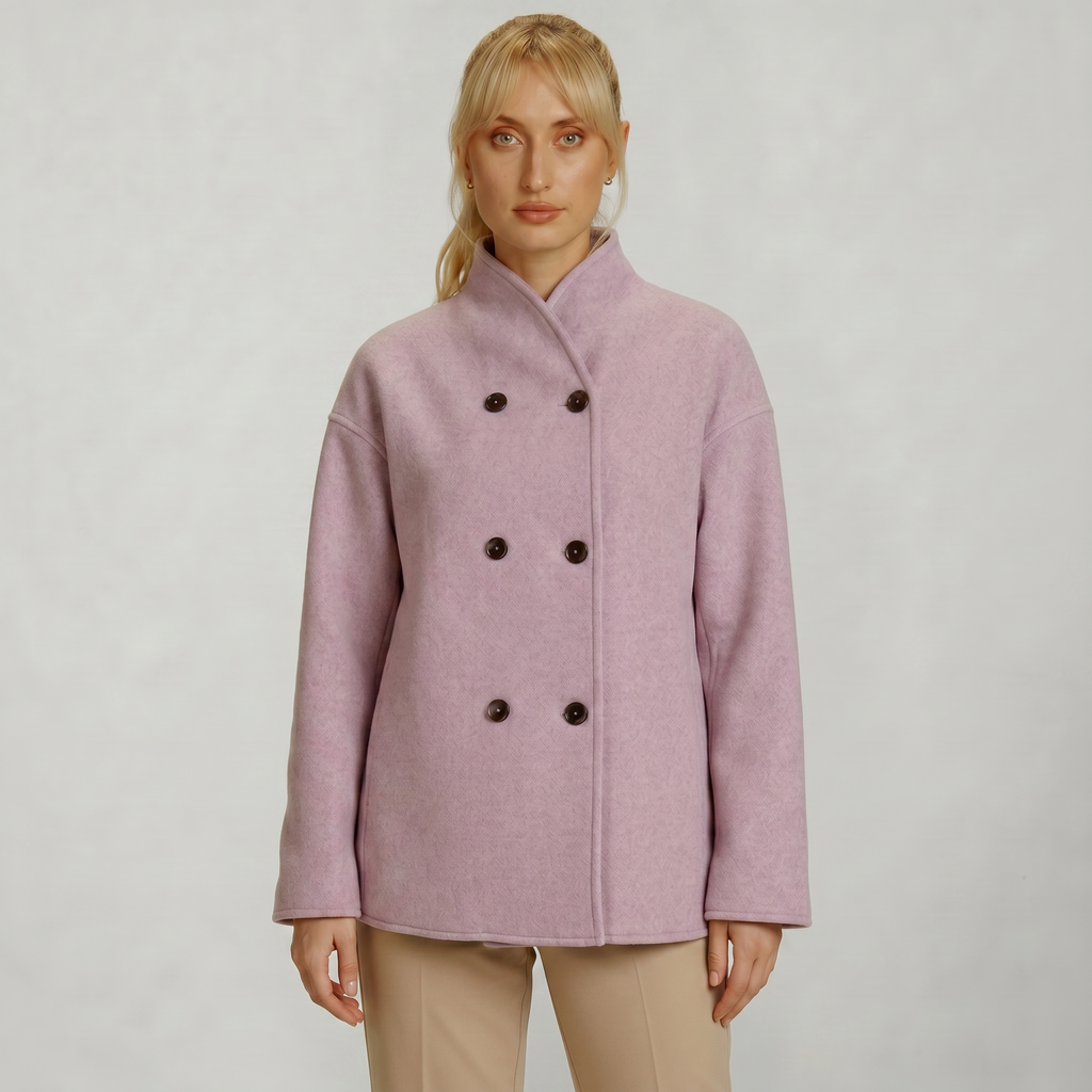 Women’s Double-Breasted Short Coat - Stand-Up Collar Loose Fit
