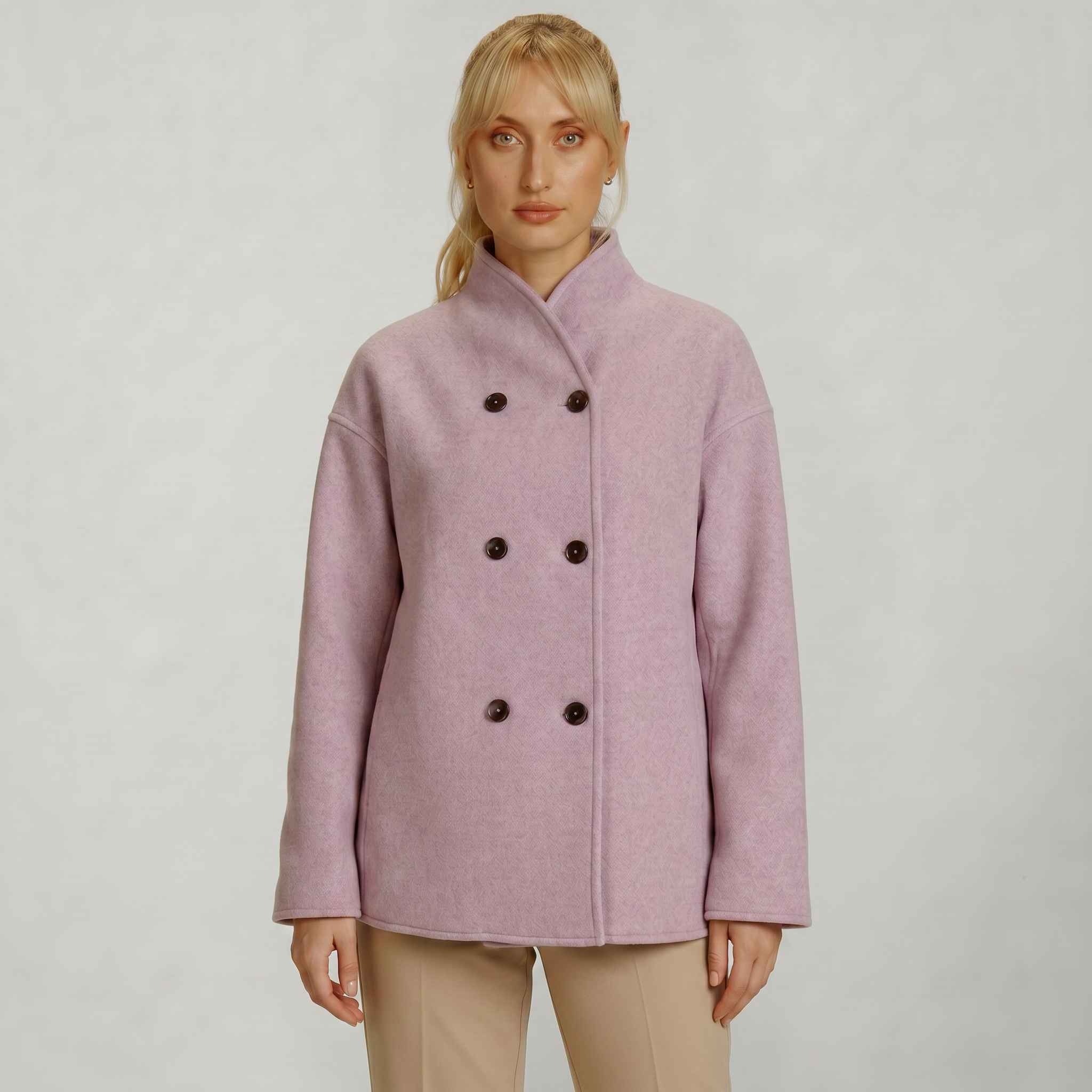 Women’s Double-Breasted Short Coat - Stand-Up Collar Loose Fit
