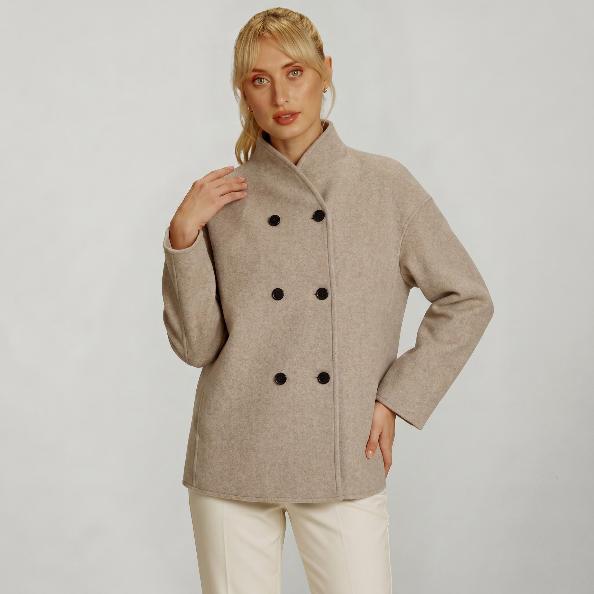 Women’s Double-Breasted Short Coat - Stand-Up Collar Loose Fit