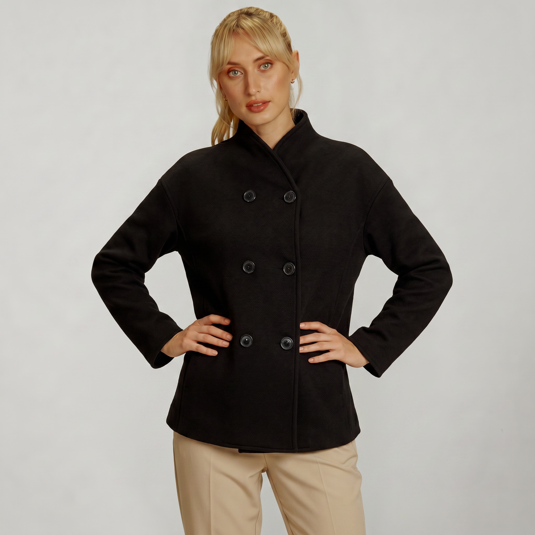 Women’s Double-Breasted Short Coat - Stand-Up Collar Loose Fit