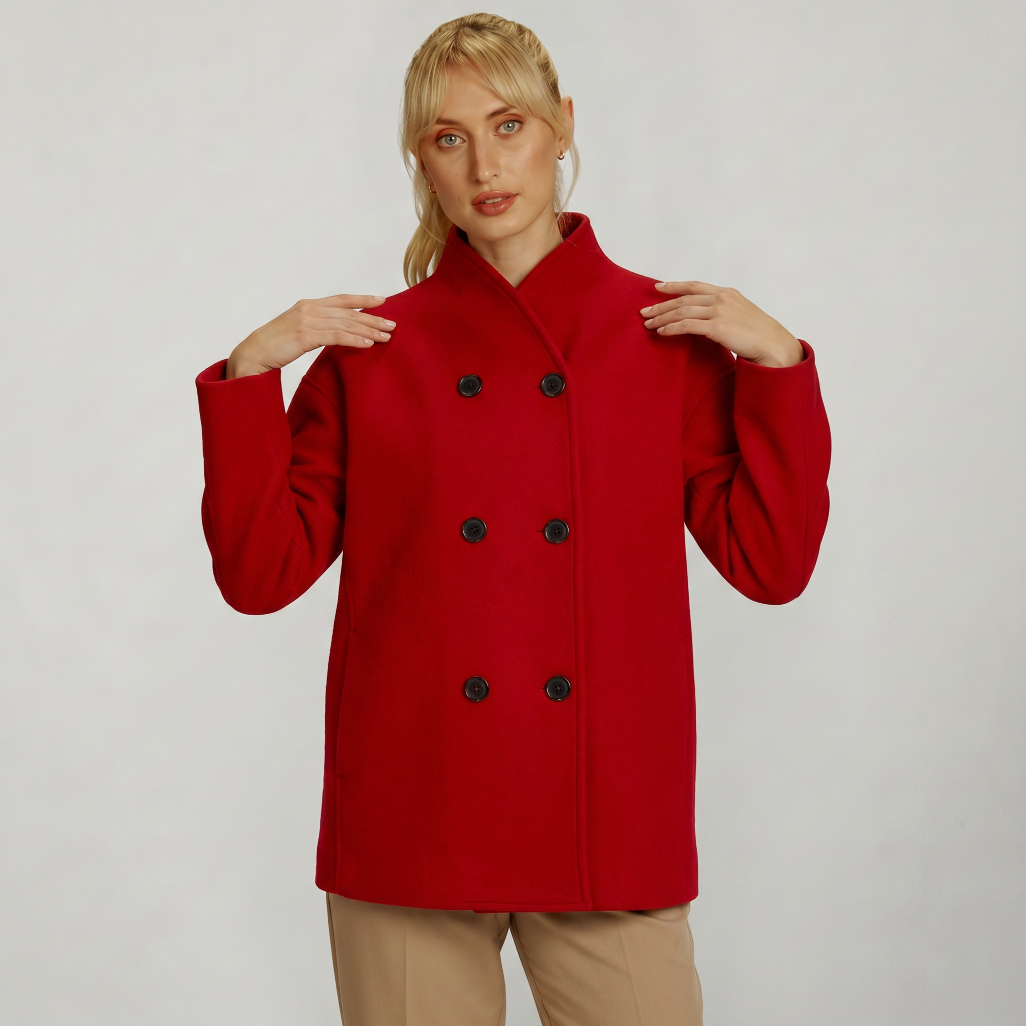 Women’s Double-Breasted Short Coat - Stand-Up Collar Loose Fit