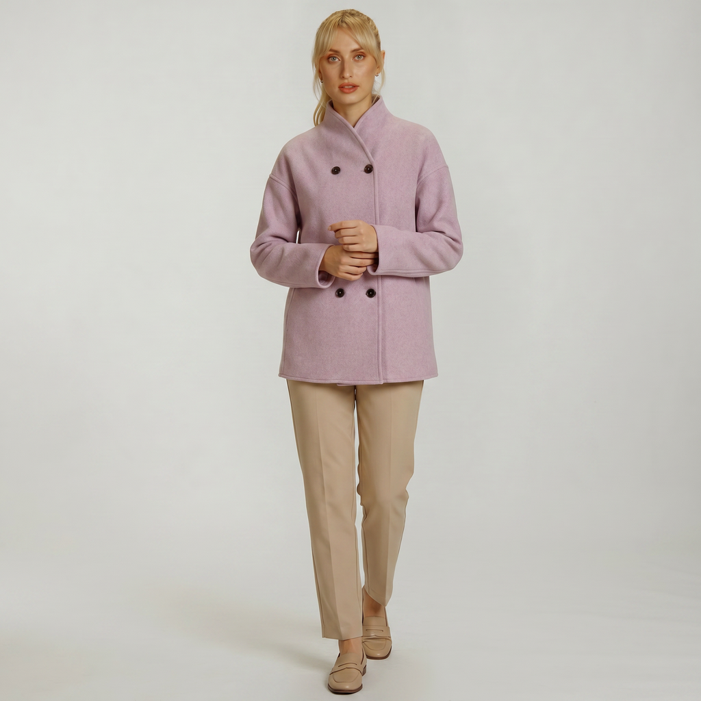 Women’s Double-Breasted Short Coat - Stand-Up Collar Loose Fit