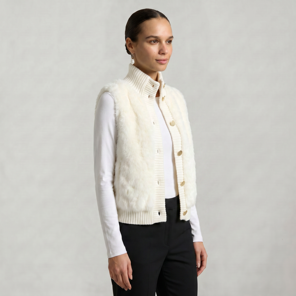Women’s Faux Fur Vest - Button Front High Neck Fit