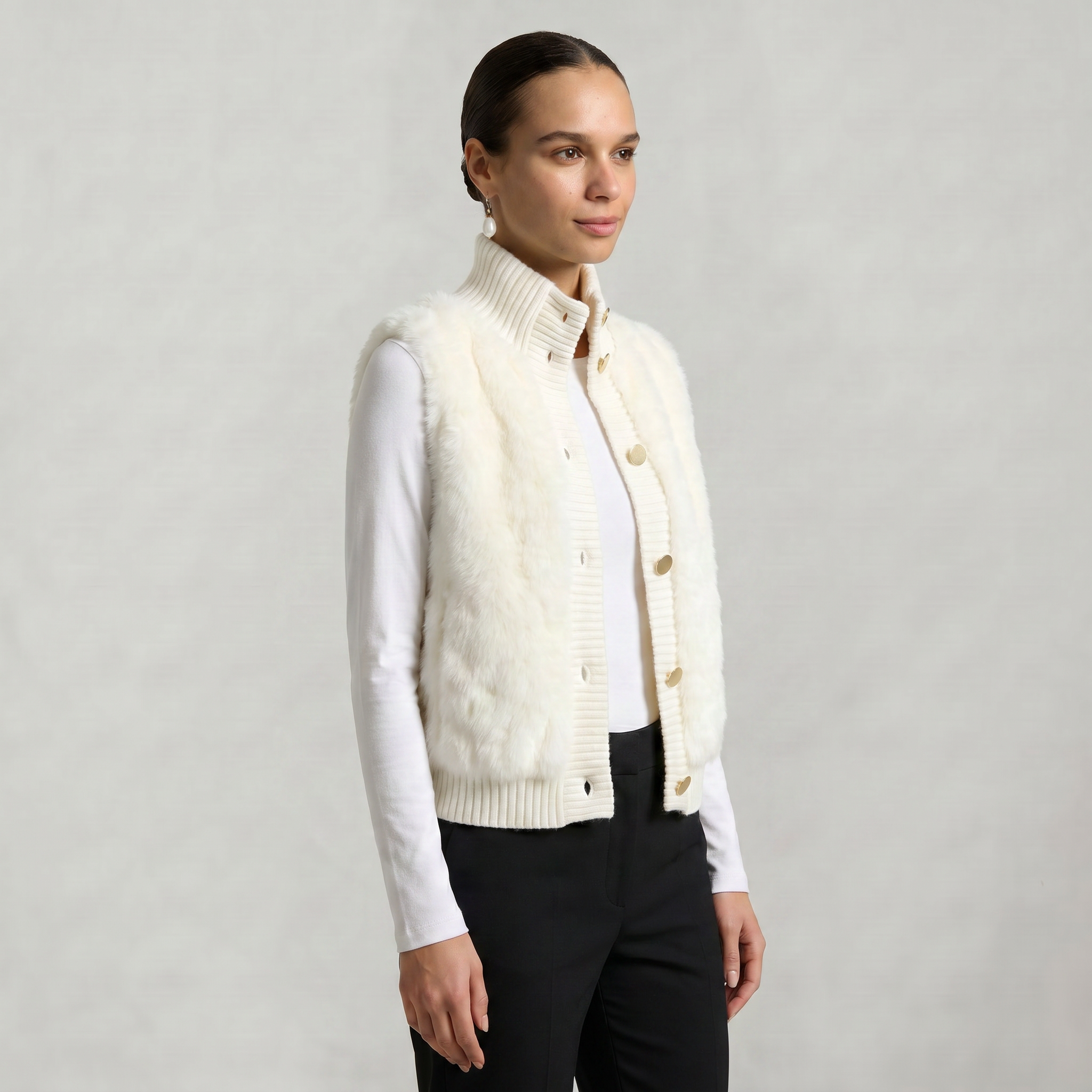 Women’s Faux Fur Vest - Button Front High Neck Fit