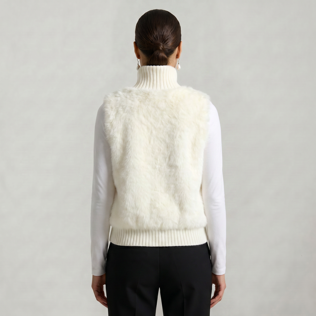 Women’s Faux Fur Vest - Button Front High Neck Fit