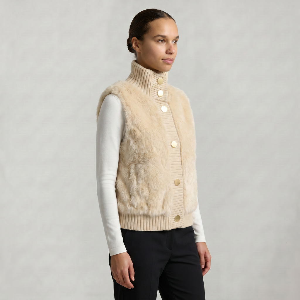 Women’s Faux Fur Vest - Button Front High Neck Fit