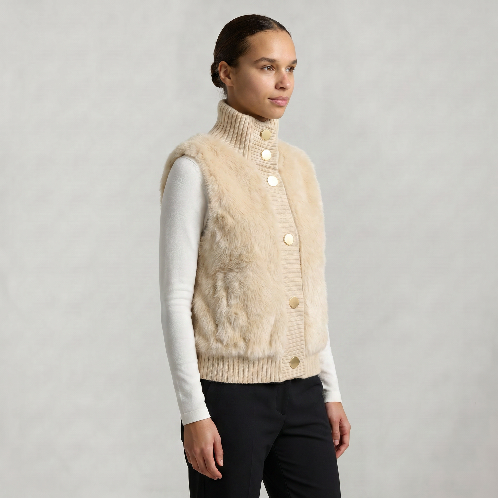 Women’s Faux Fur Vest - Button Front High Neck Fit