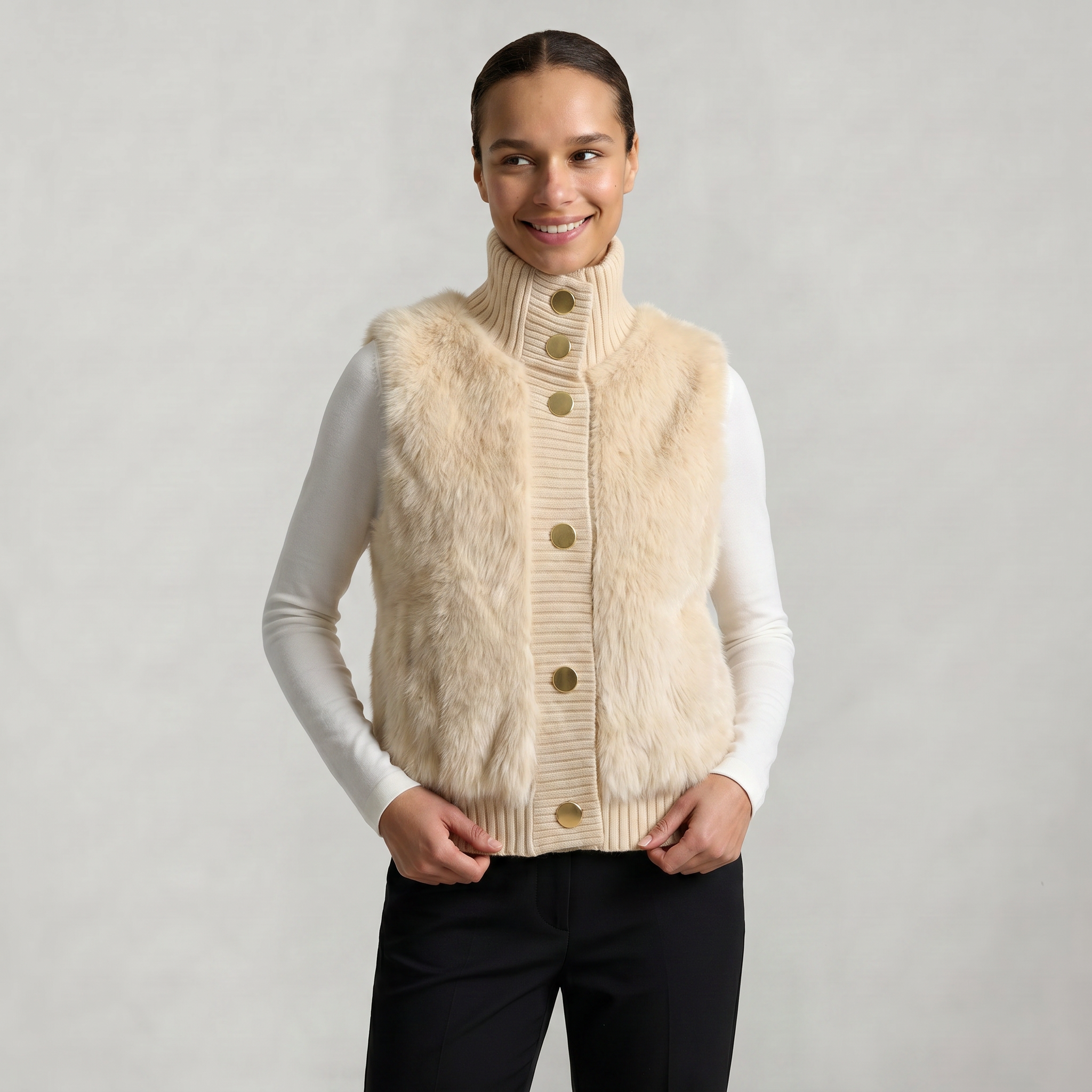 Women’s Faux Fur Vest - Button Front High Neck Fit