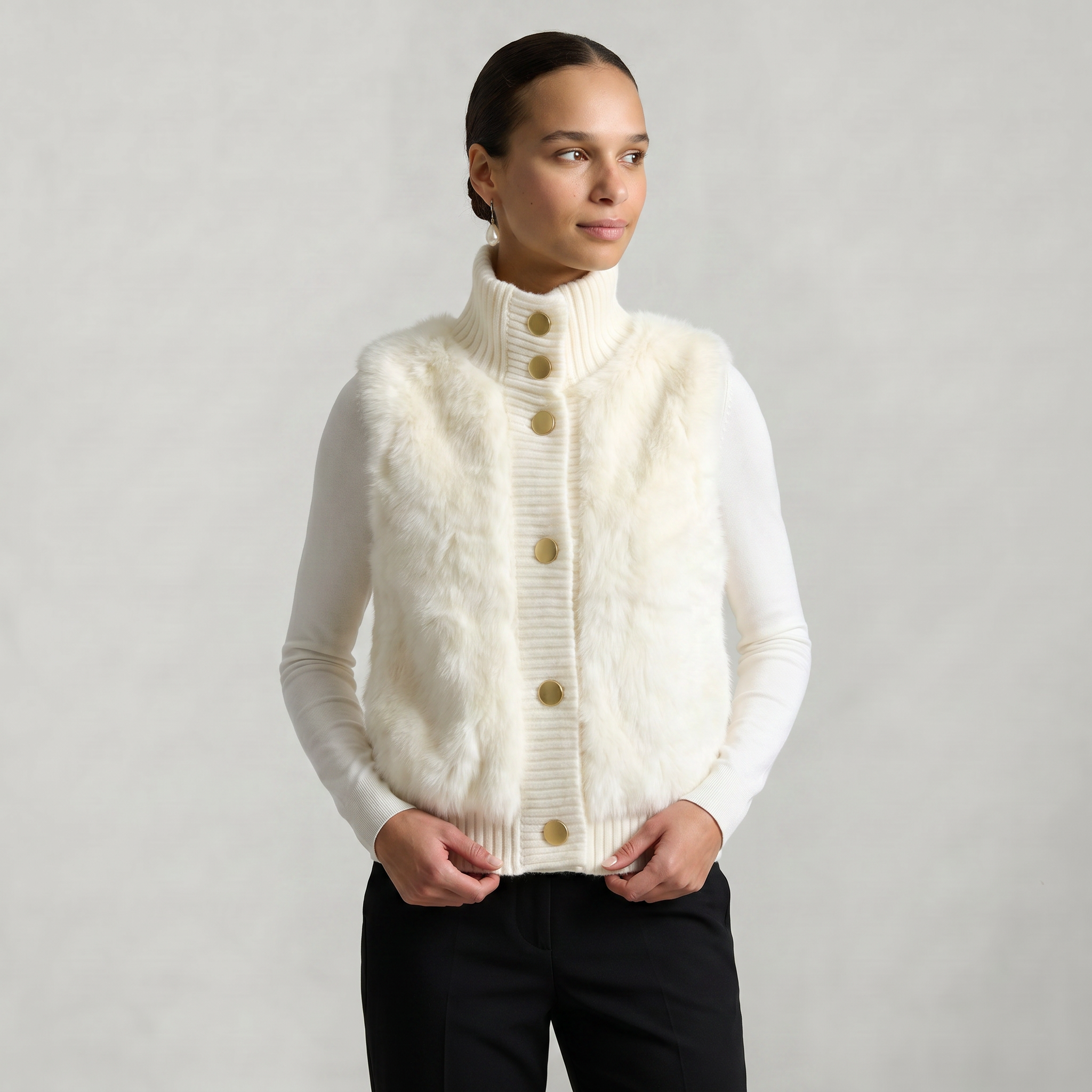 Women’s Faux Fur Vest - Button Front High Neck Fit