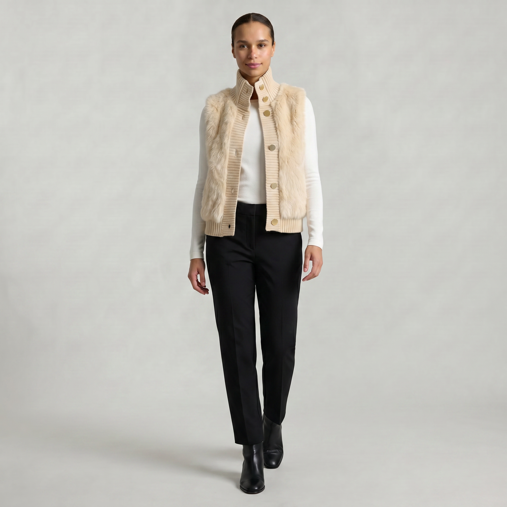Women’s Faux Fur Vest - Button Front High Neck Fit