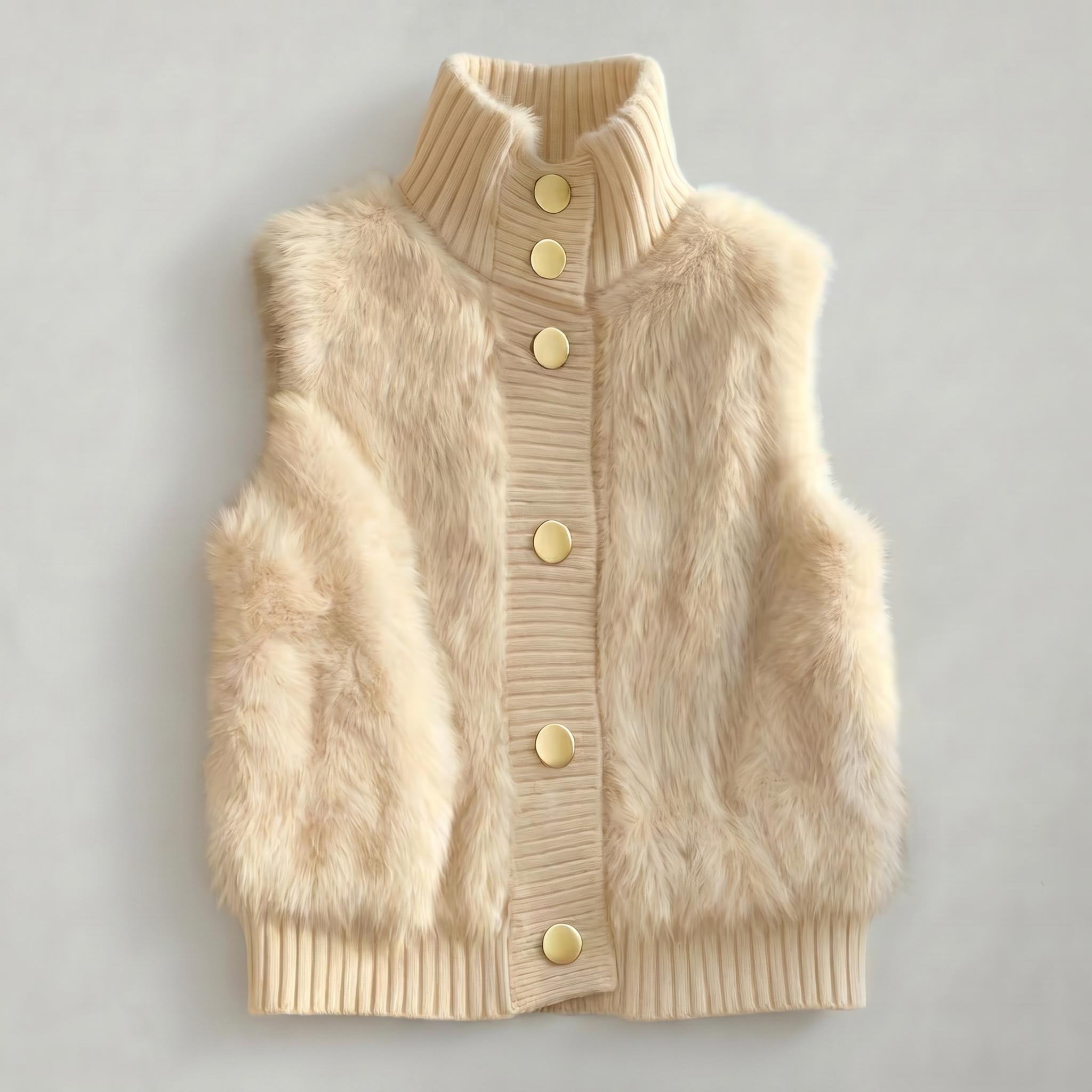 Women’s Faux Fur Vest - Button Front High Neck Fit
