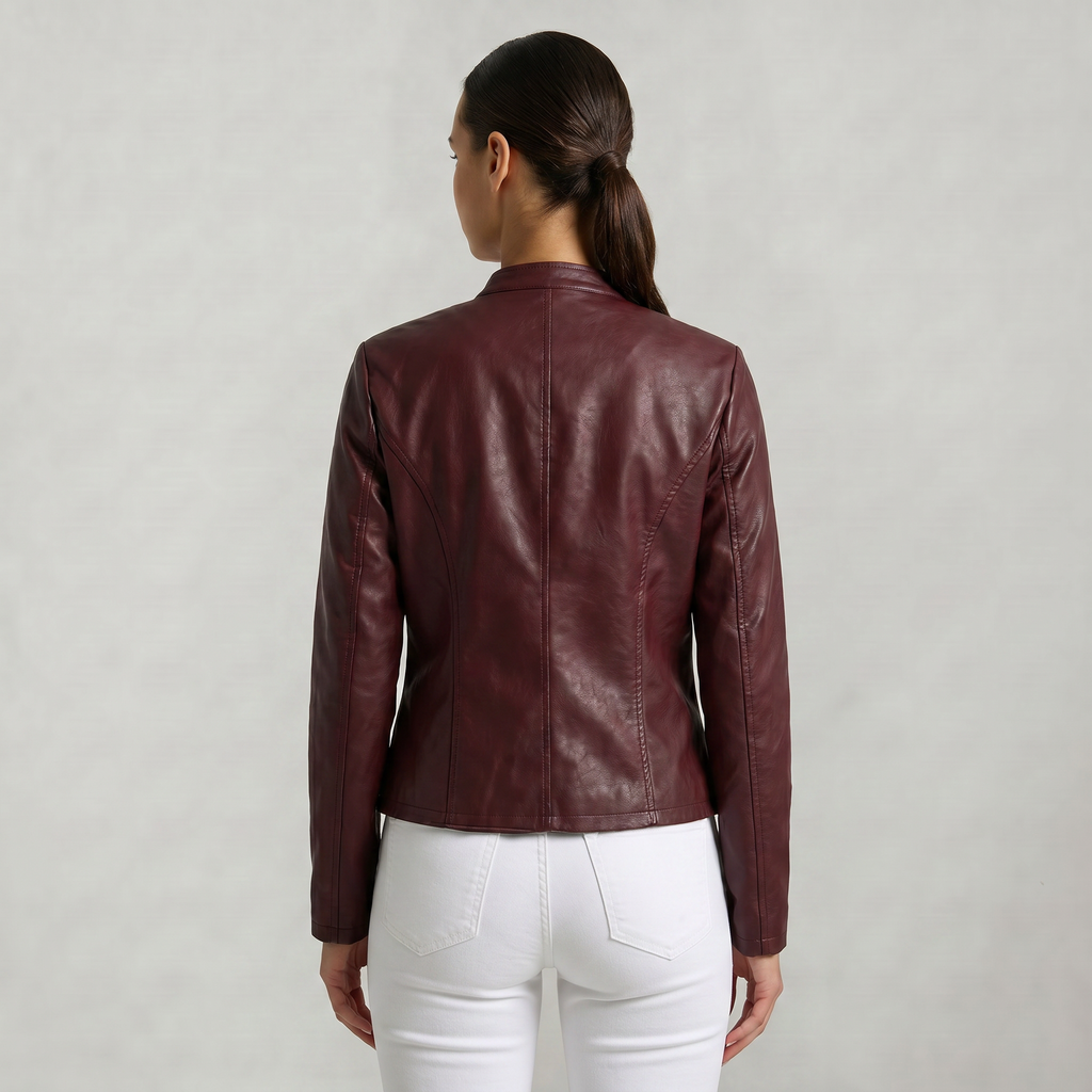 Women’s Faux Leather Jacket - Full Zip Long Sleeve Slim Fit