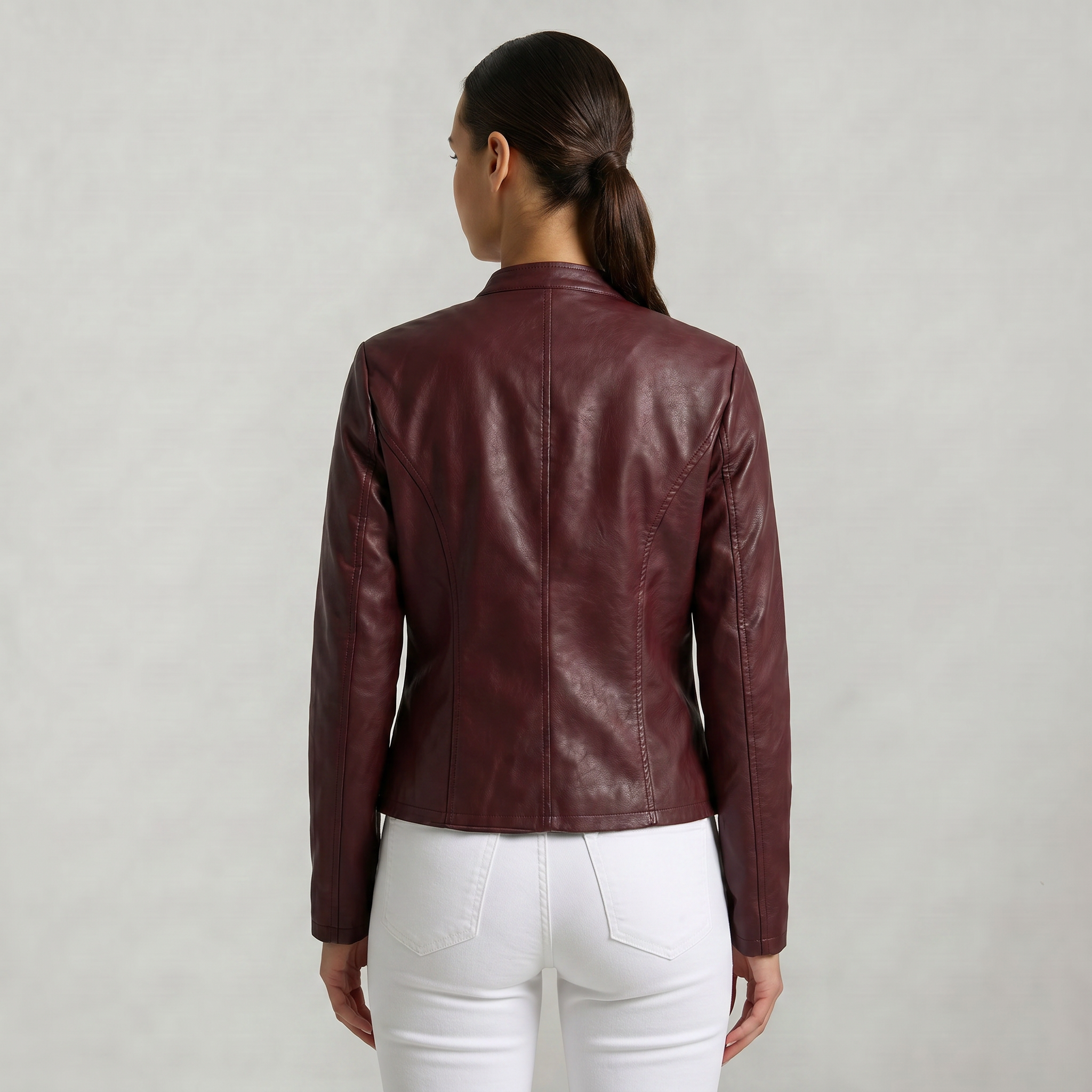 Women’s Faux Leather Jacket - Full Zip Long Sleeve Slim Fit