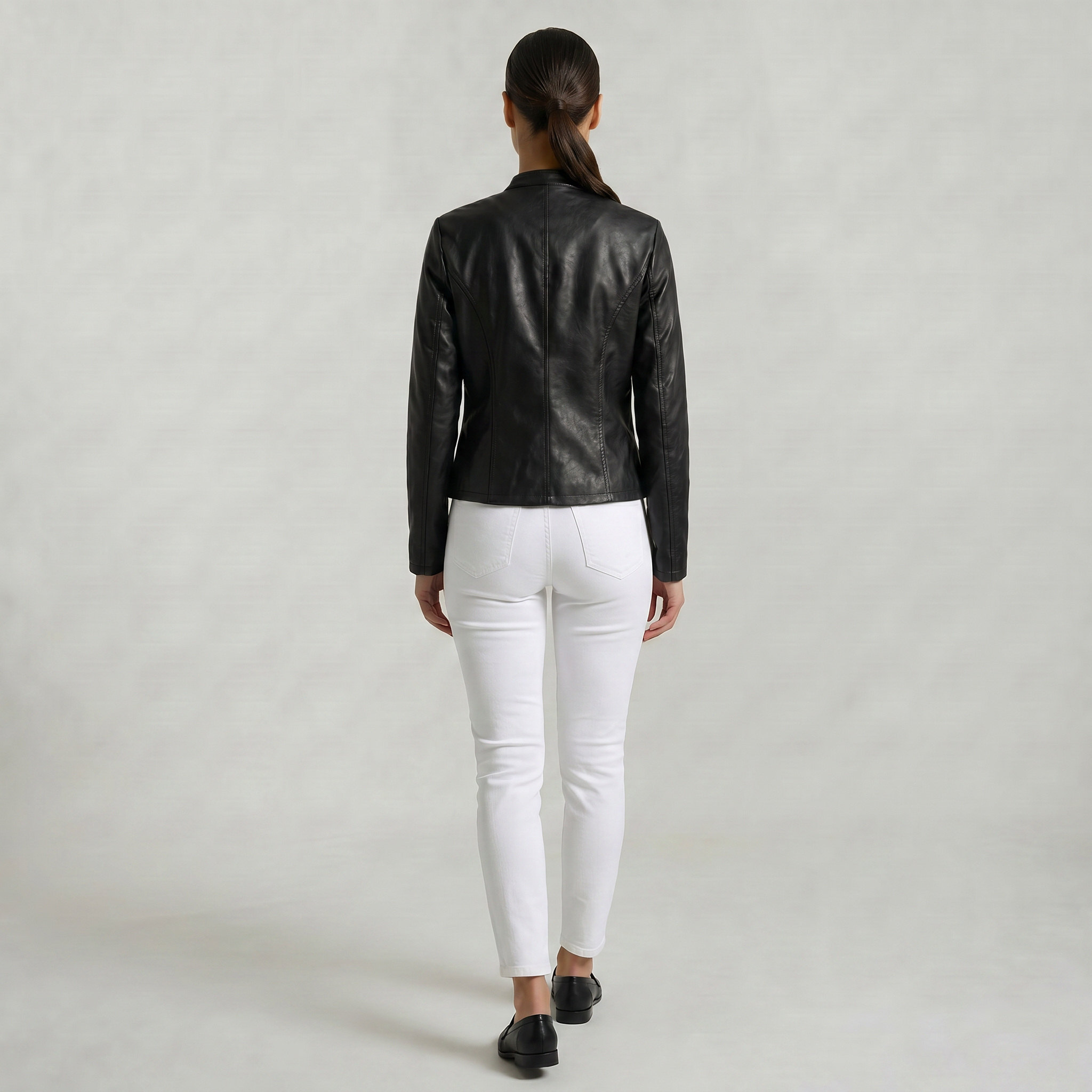 Women’s Faux Leather Jacket - Full Zip Long Sleeve Slim Fit