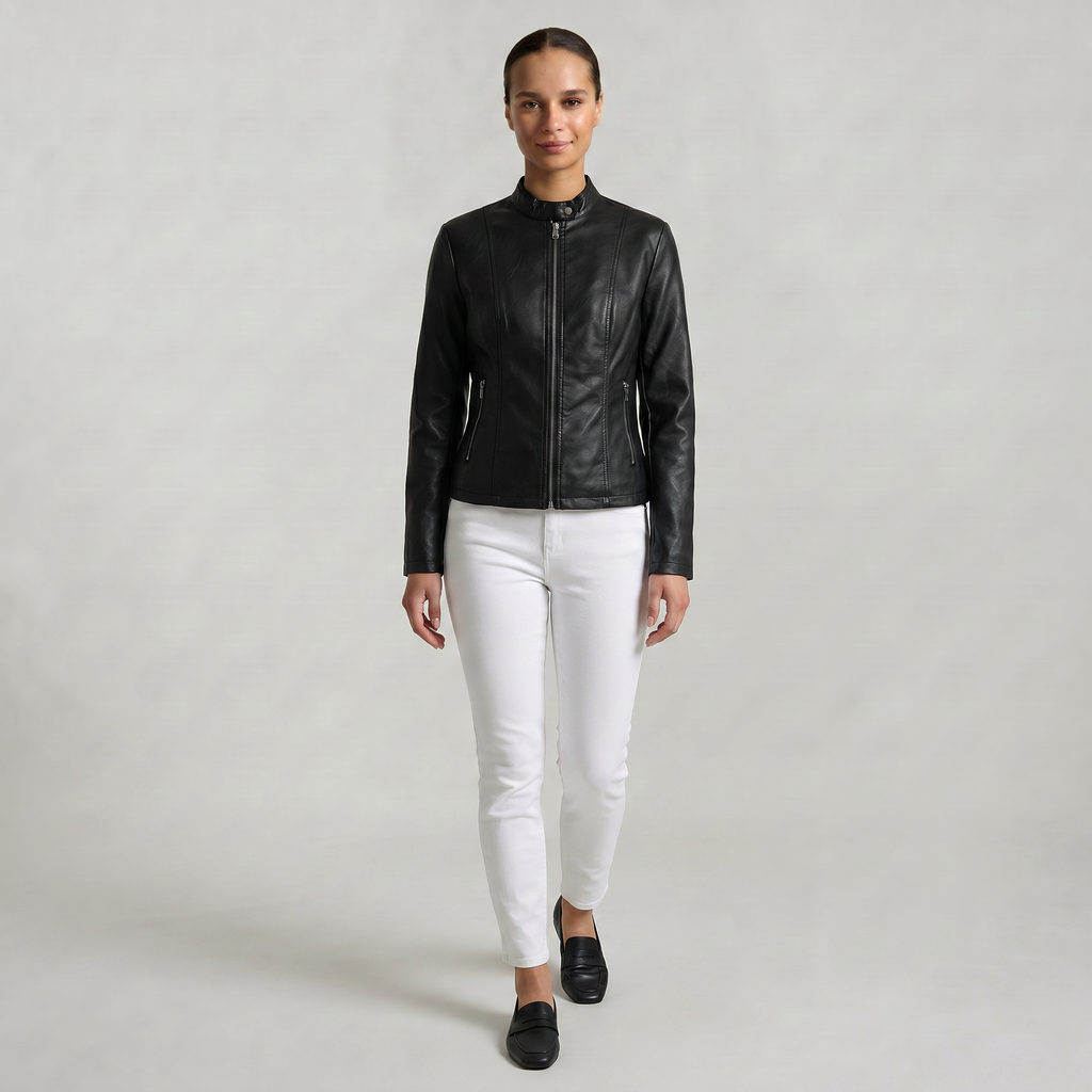 Women’s Faux Leather Jacket - Full Zip Long Sleeve Slim Fit