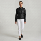 Women’s Faux Leather Jacket - Full Zip Long Sleeve Slim Fit