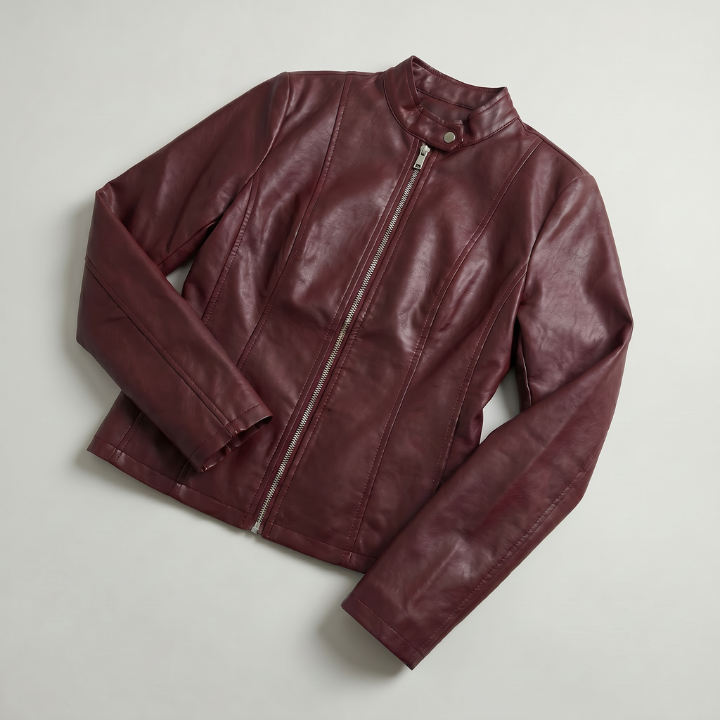 Women’s Faux Leather Jacket - Full Zip Long Sleeve Slim Fit