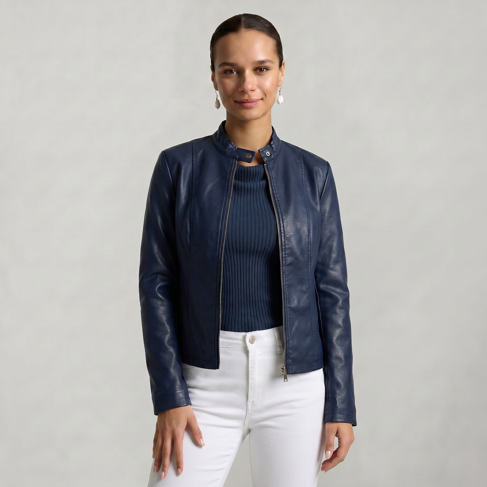 Women’s Faux Leather Jacket - Full Zip Long Sleeve Slim Fit