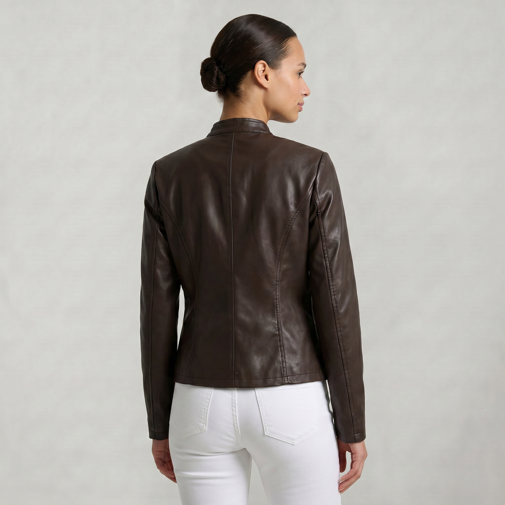 Women’s Faux Leather Jacket - Full Zip Long Sleeve Slim Fit