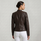 Women’s Faux Leather Jacket - Full Zip Long Sleeve Slim Fit