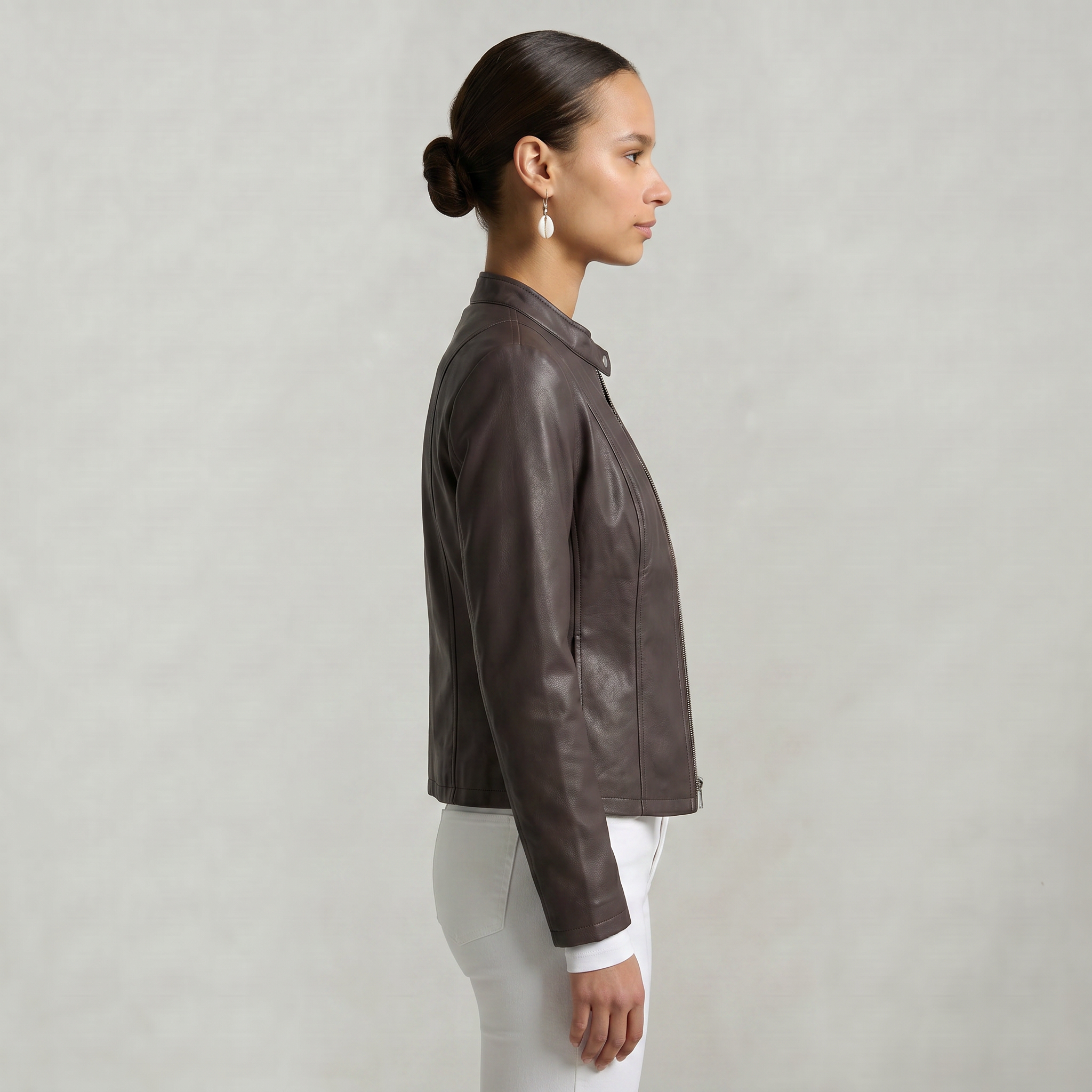 Women’s Faux Leather Jacket - Full Zip Long Sleeve Slim Fit