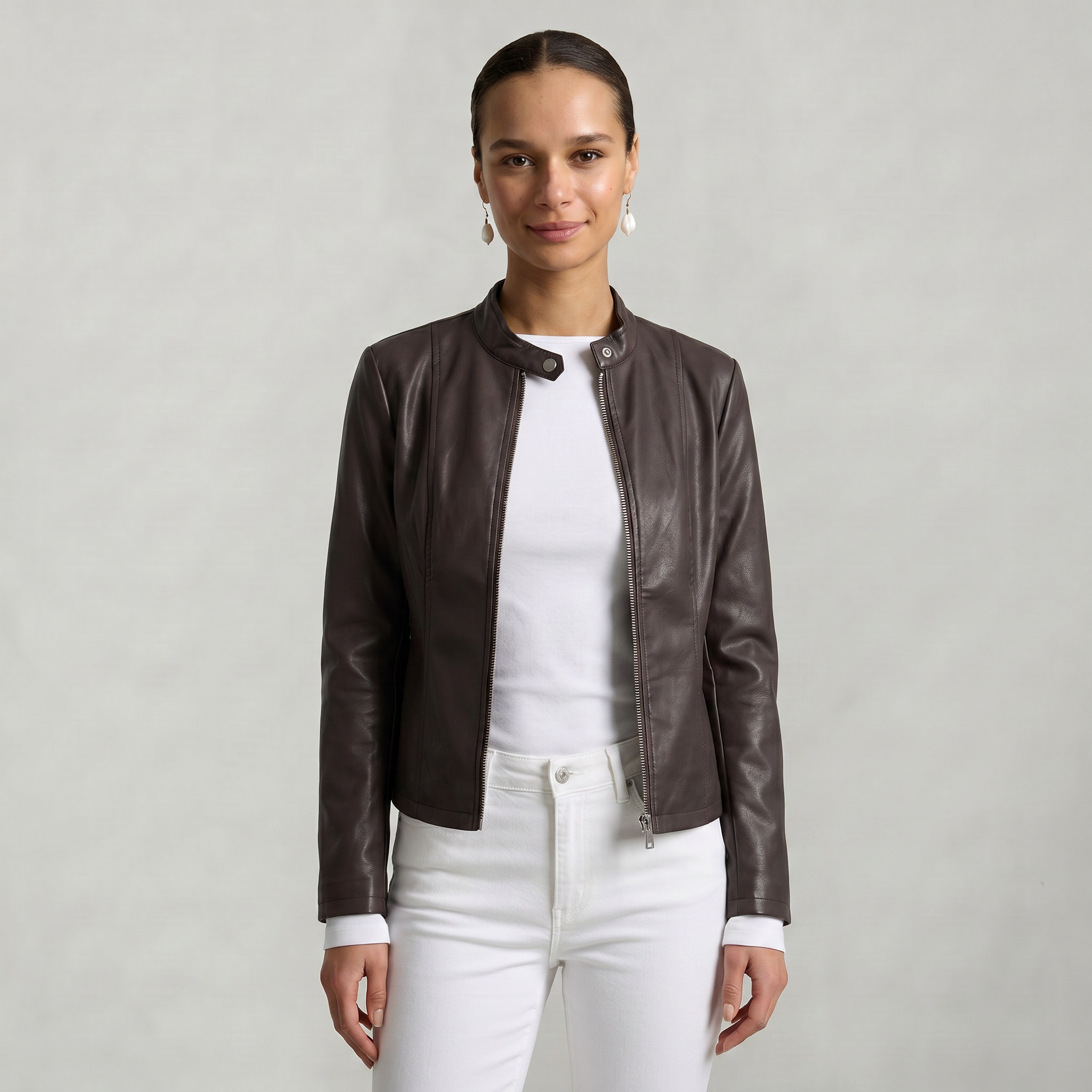 Women’s Faux Leather Jacket - Full Zip Long Sleeve Slim Fit