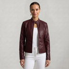 Women’s Faux Leather Jacket - Full Zip Long Sleeve Slim Fit
