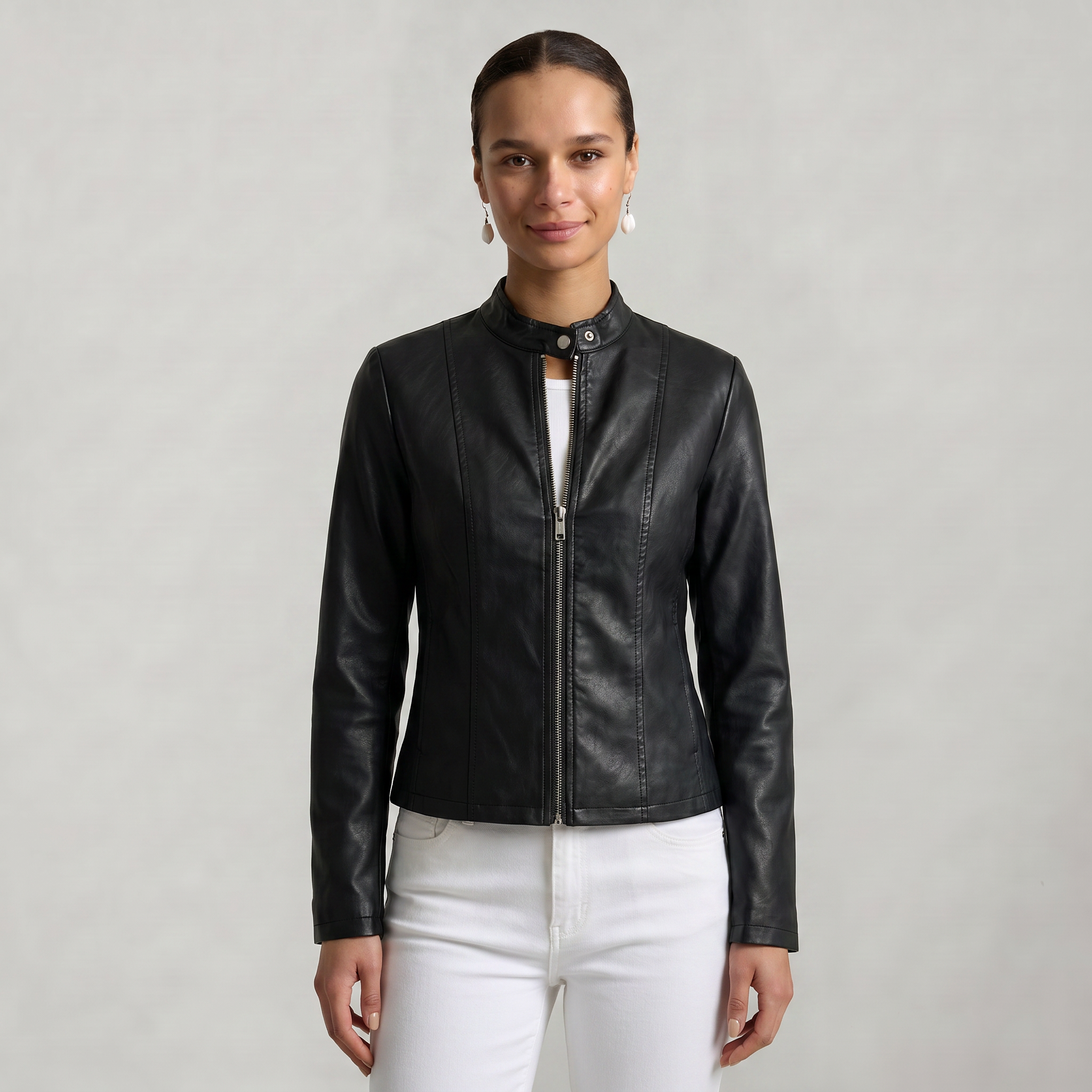 Women’s Faux Leather Jacket - Full Zip Long Sleeve Slim Fit