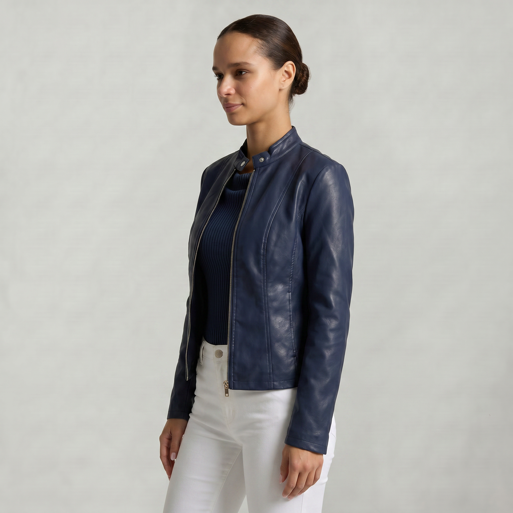 Women’s Faux Leather Jacket - Full Zip Long Sleeve Slim Fit