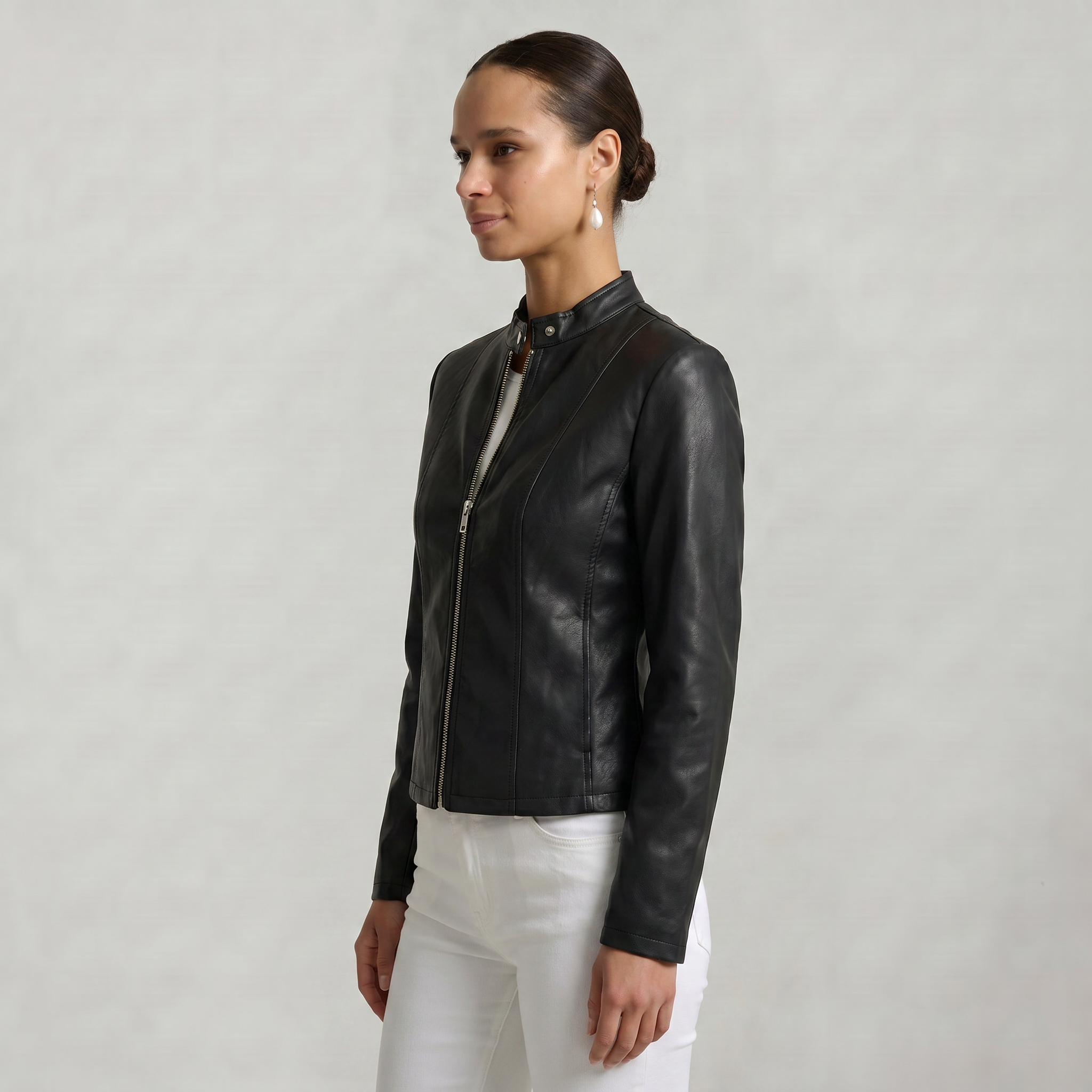 Women’s Faux Leather Jacket - Full Zip Long Sleeve Slim Fit