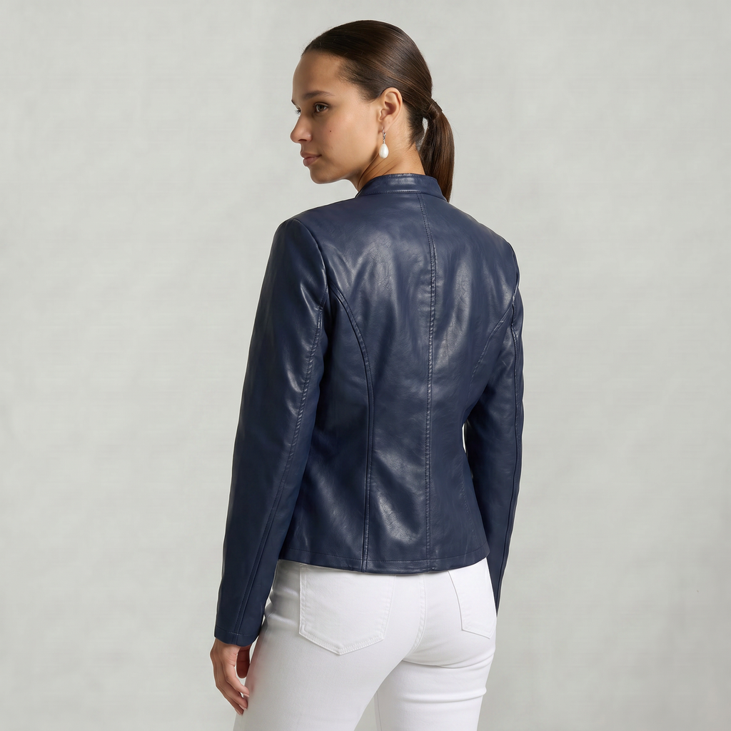 Women’s Faux Leather Jacket - Full Zip Long Sleeve Slim Fit