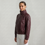 Women’s Faux Leather Stand Neck Jacket - Elastic Hem Loose Cropped Fit