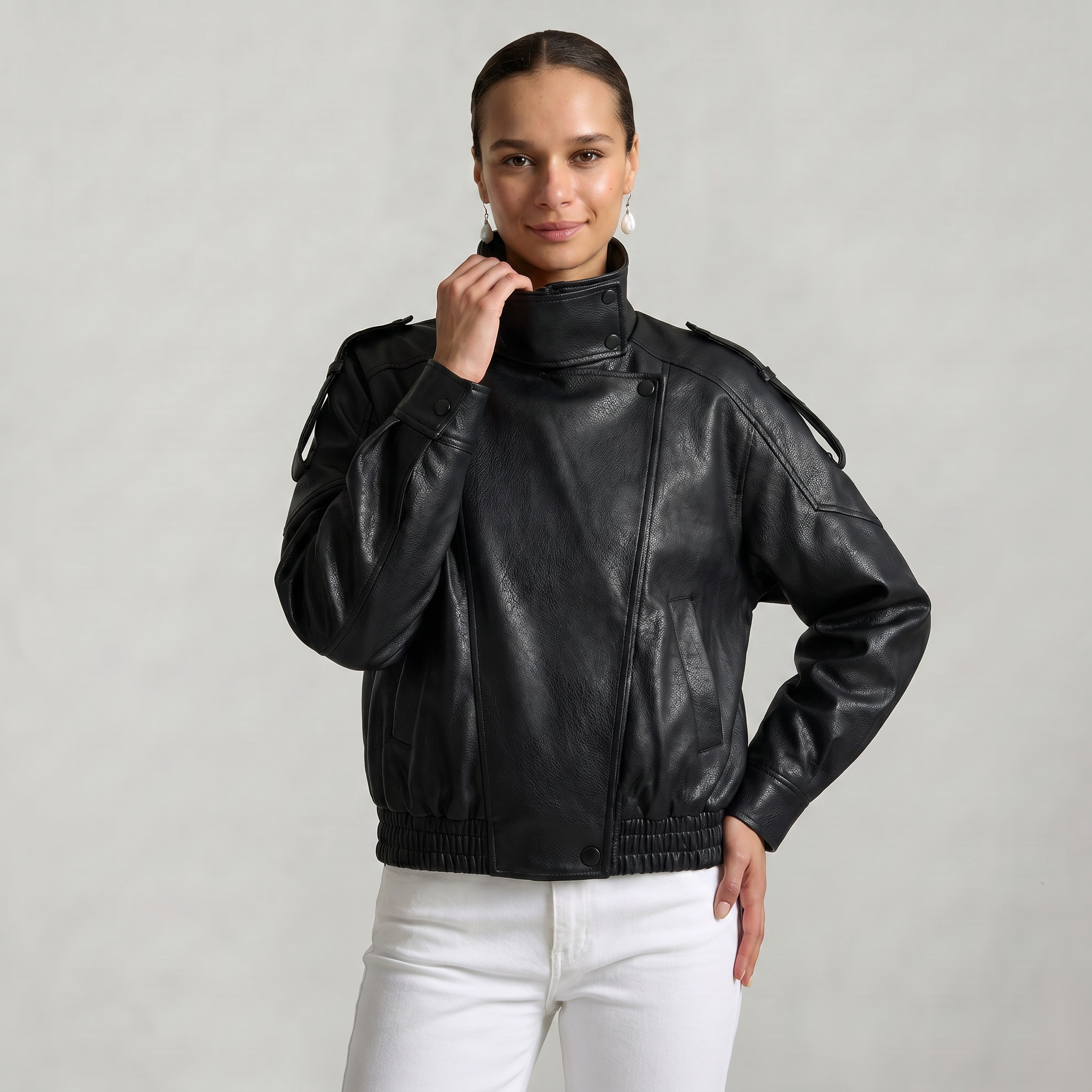 Women’s Faux Leather Stand Neck Jacket - Elastic Hem Loose Cropped Fit