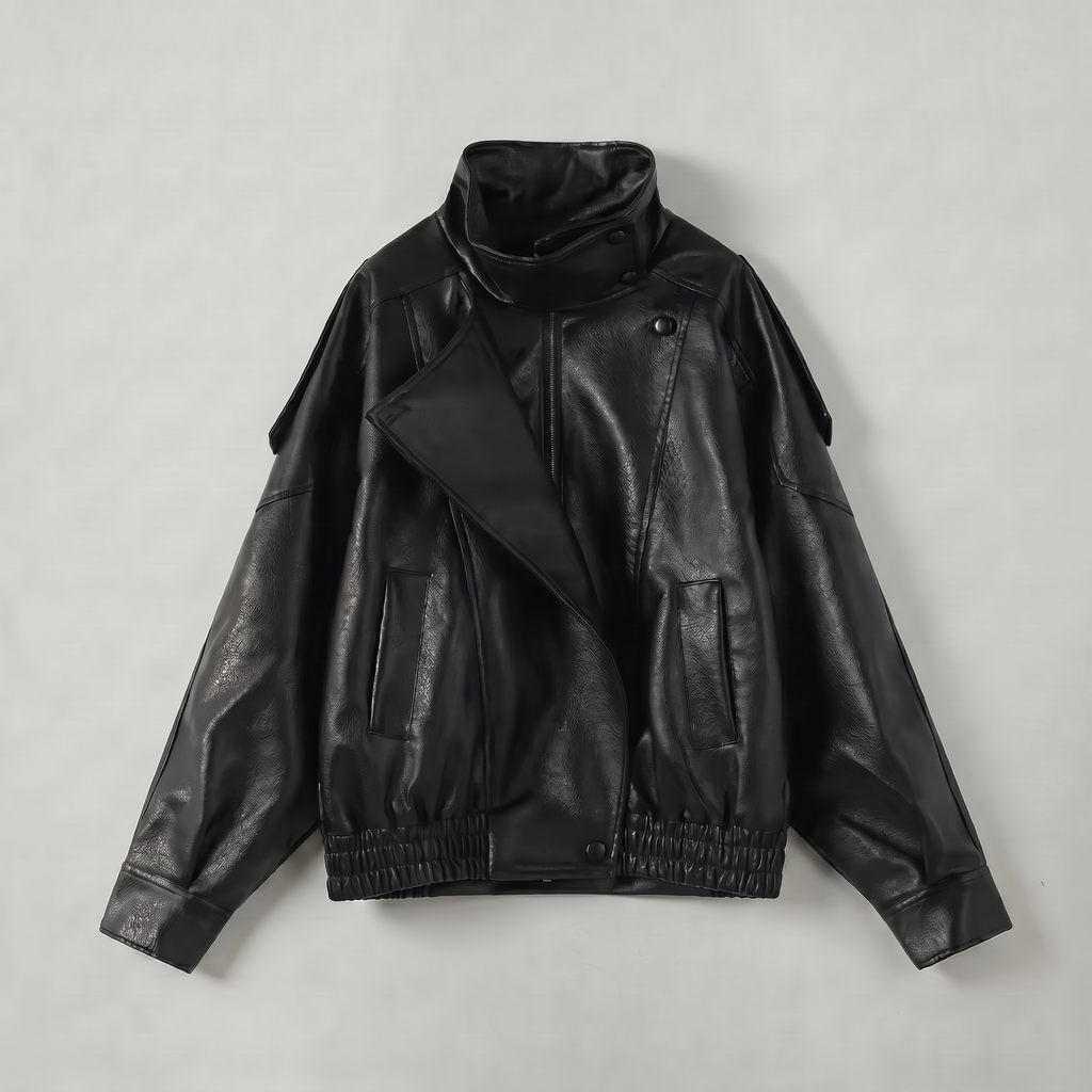 Women’s Faux Leather Stand Neck Jacket - Elastic Hem Loose Cropped Fit