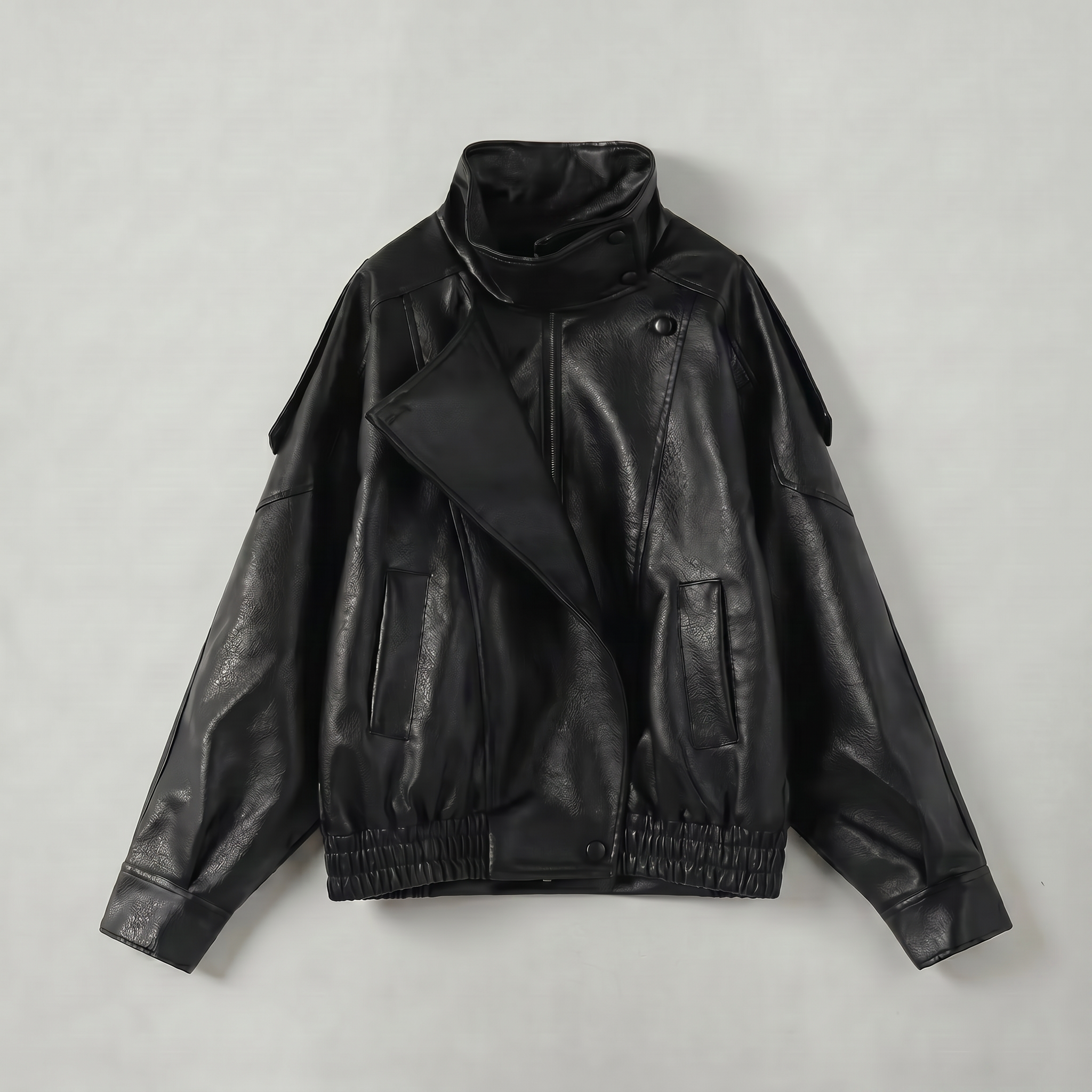 Women’s Faux Leather Stand Neck Jacket - Elastic Hem Loose Cropped Fit