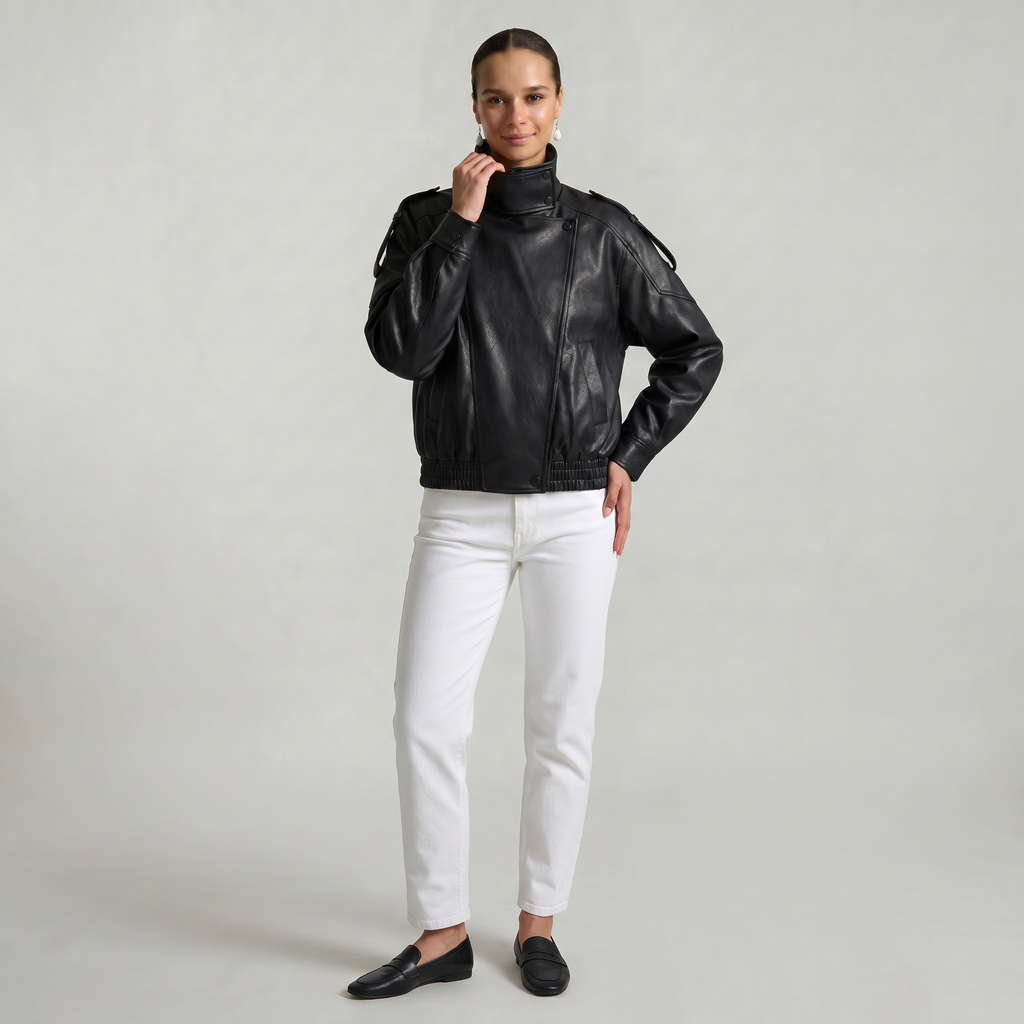 Women’s Faux Leather Stand Neck Jacket - Elastic Hem Loose Cropped Fit