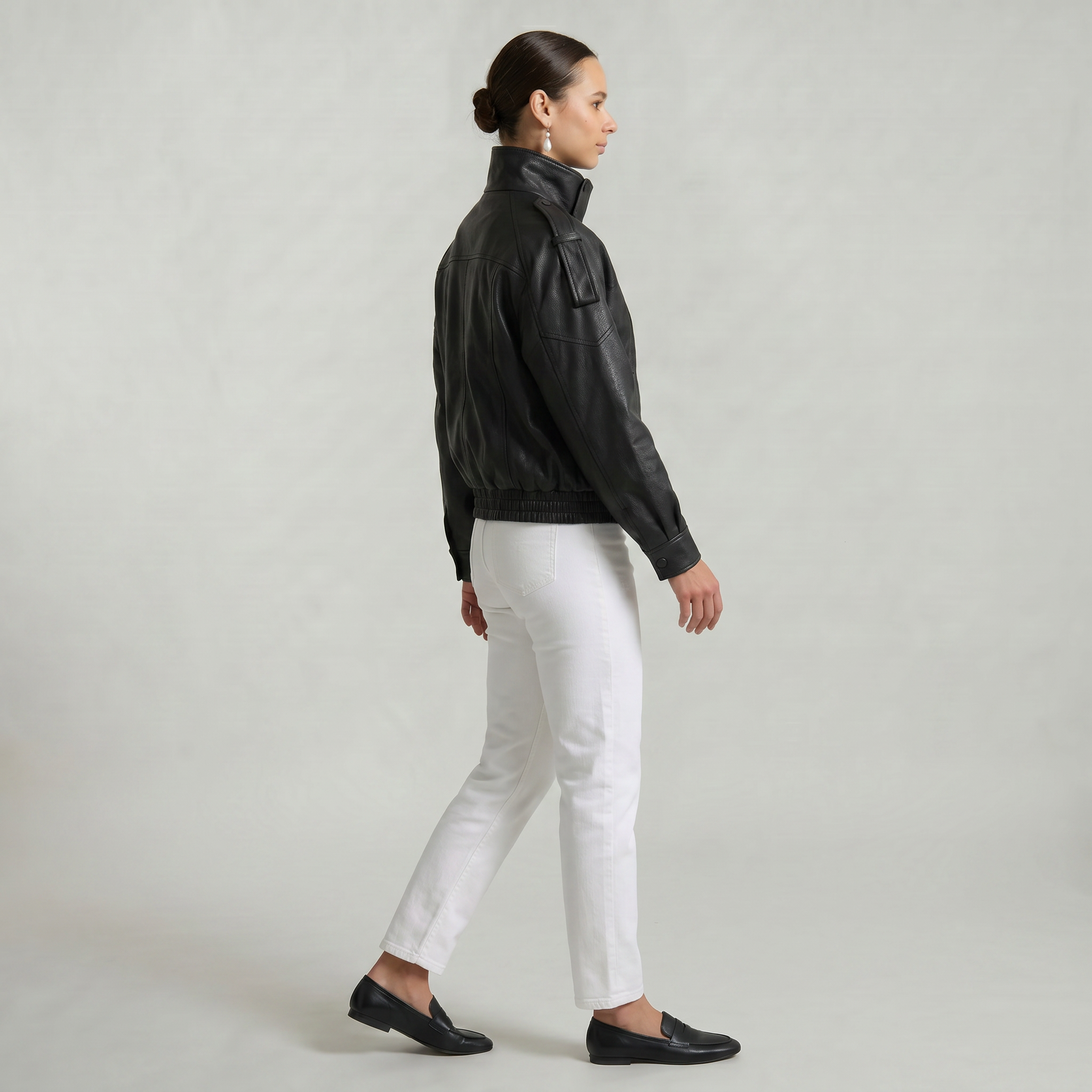 Women’s Faux Leather Stand Neck Jacket - Elastic Hem Loose Cropped Fit