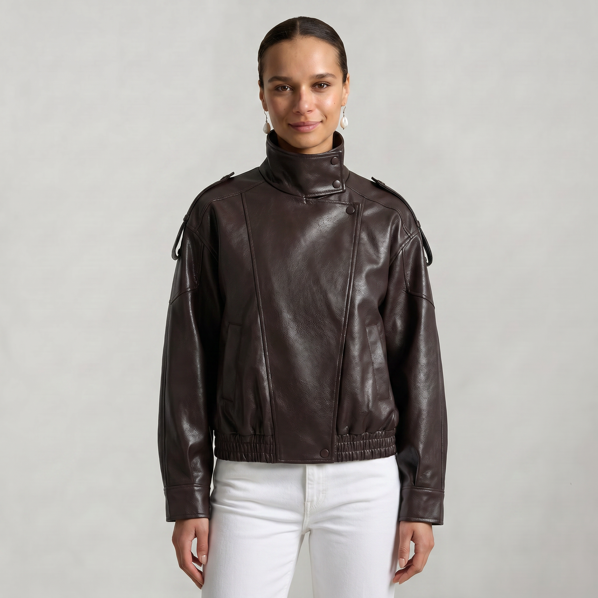 Women’s Faux Leather Stand Neck Jacket - Elastic Hem Loose Cropped Fit