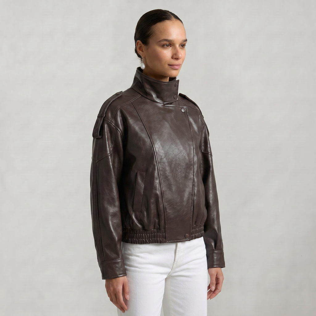 Women’s Faux Leather Stand Neck Jacket - Elastic Hem Loose Cropped Fit