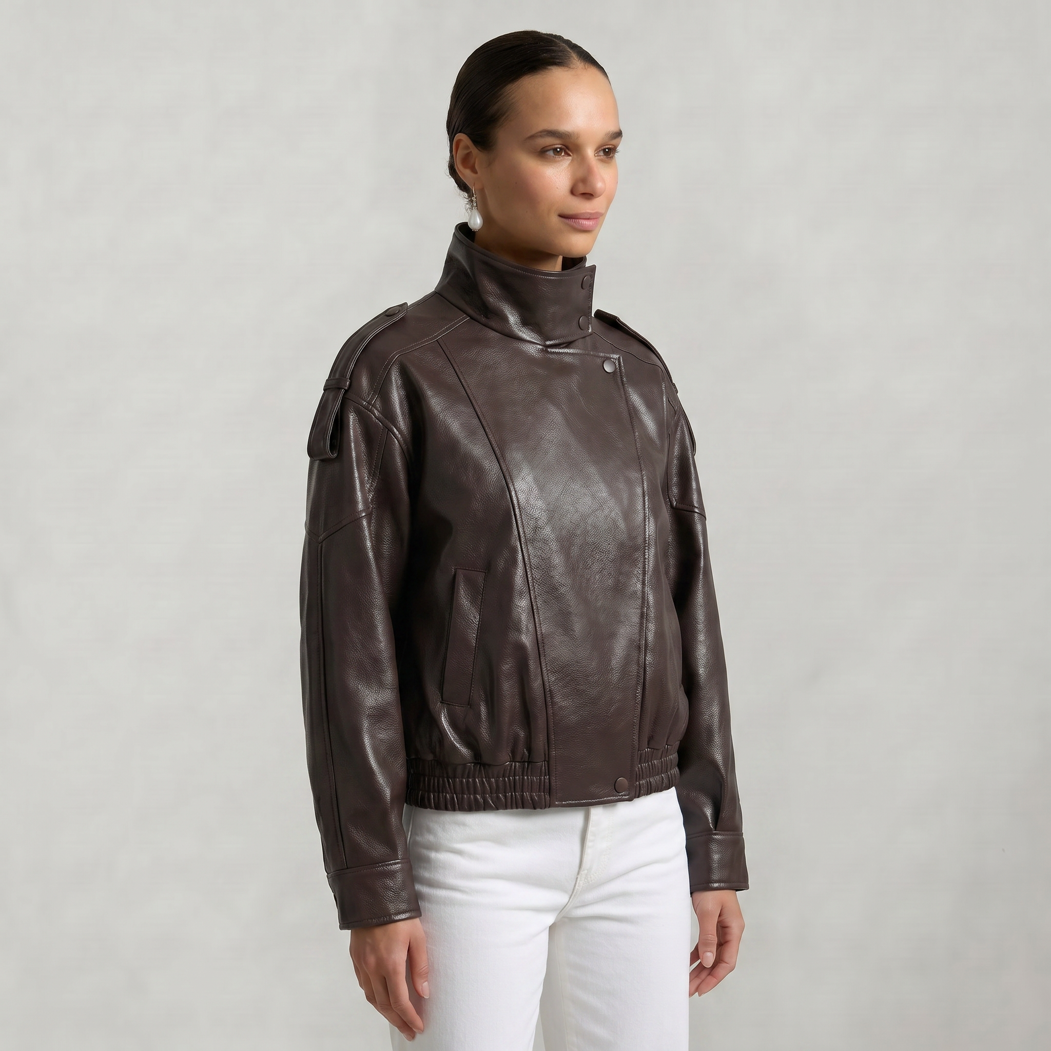 Women’s Faux Leather Stand Neck Jacket - Elastic Hem Loose Cropped Fit