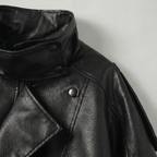 Women’s Faux Leather Stand Neck Jacket - Elastic Hem Loose Cropped Fit