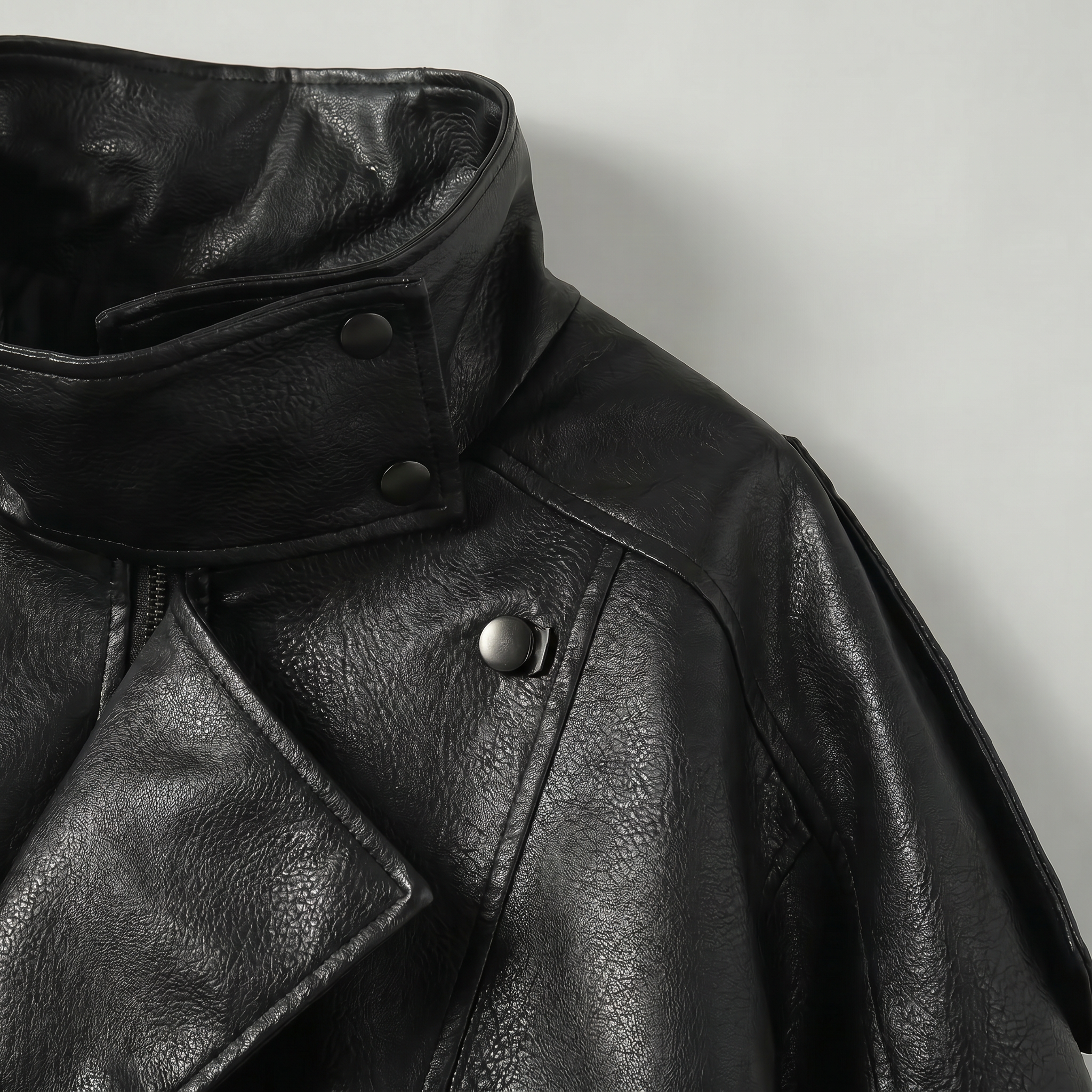 Women’s Faux Leather Stand Neck Jacket - Elastic Hem Loose Cropped Fit