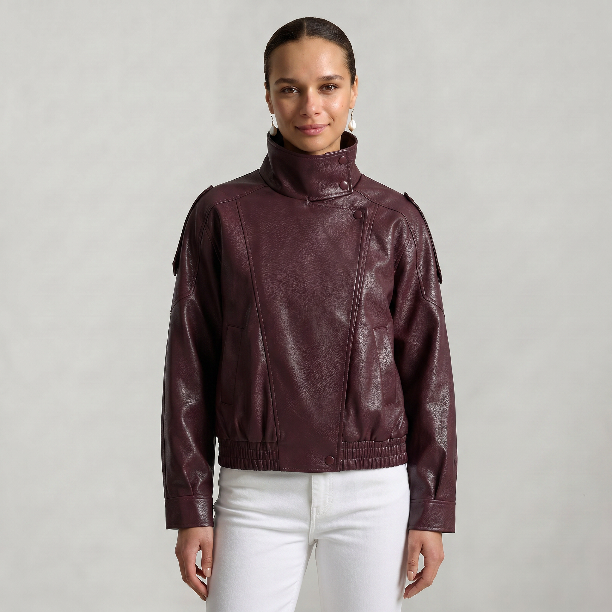 Women’s Faux Leather Stand Neck Jacket - Elastic Hem Loose Cropped Fit