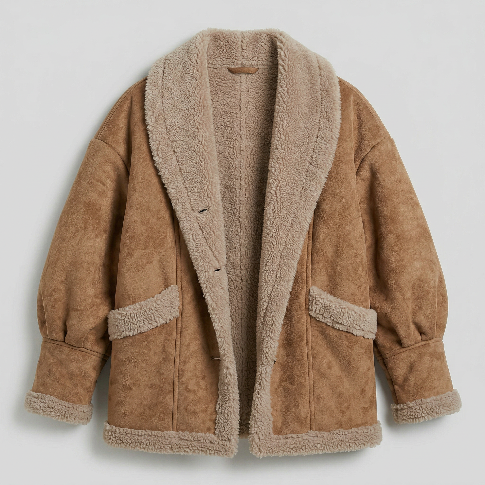 Women’s Fleece-Lined Faux Suede Jacket - Oversized Shearling Trim Fit