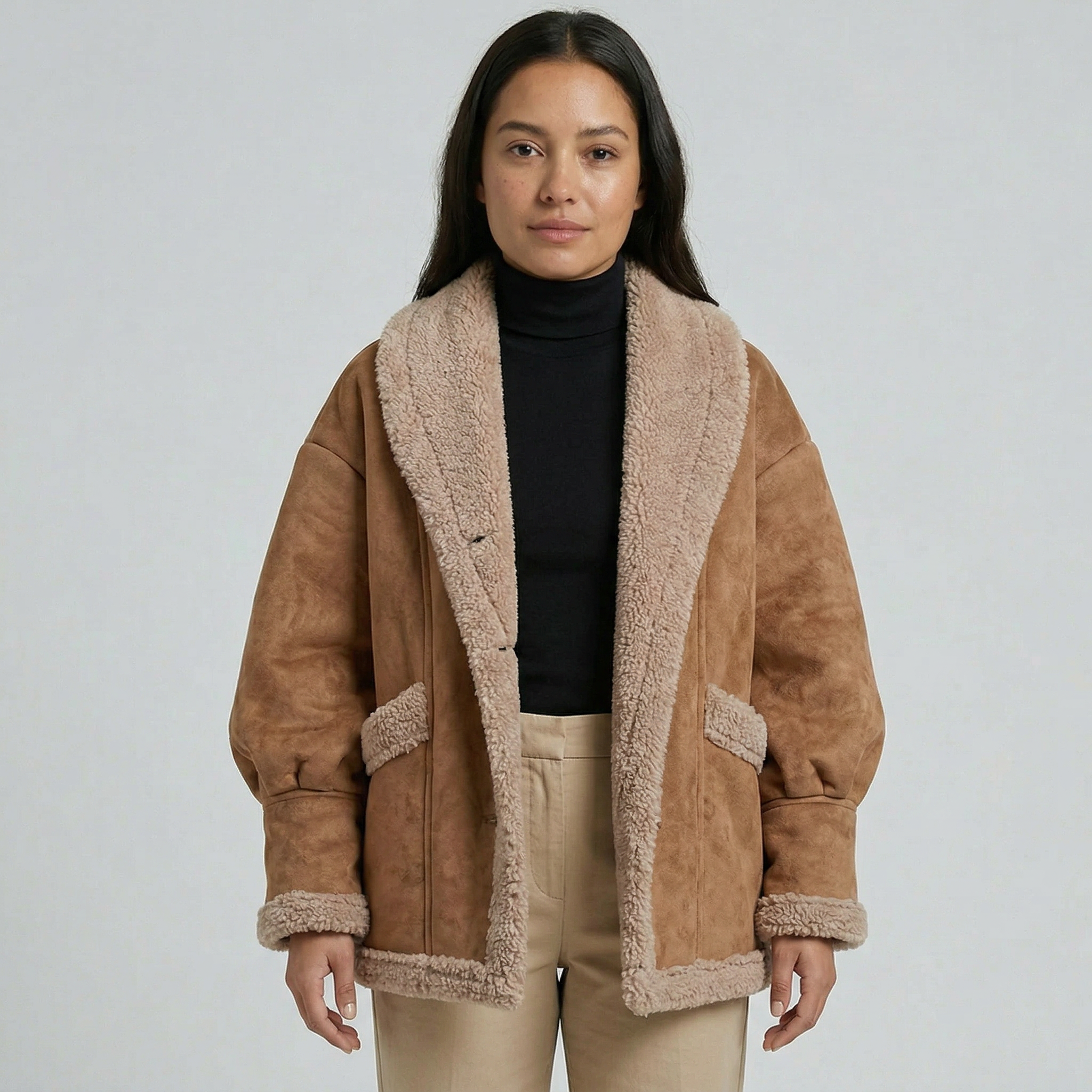 Women’s Fleece-Lined Faux Suede Jacket - Oversized Shearling Trim Fit